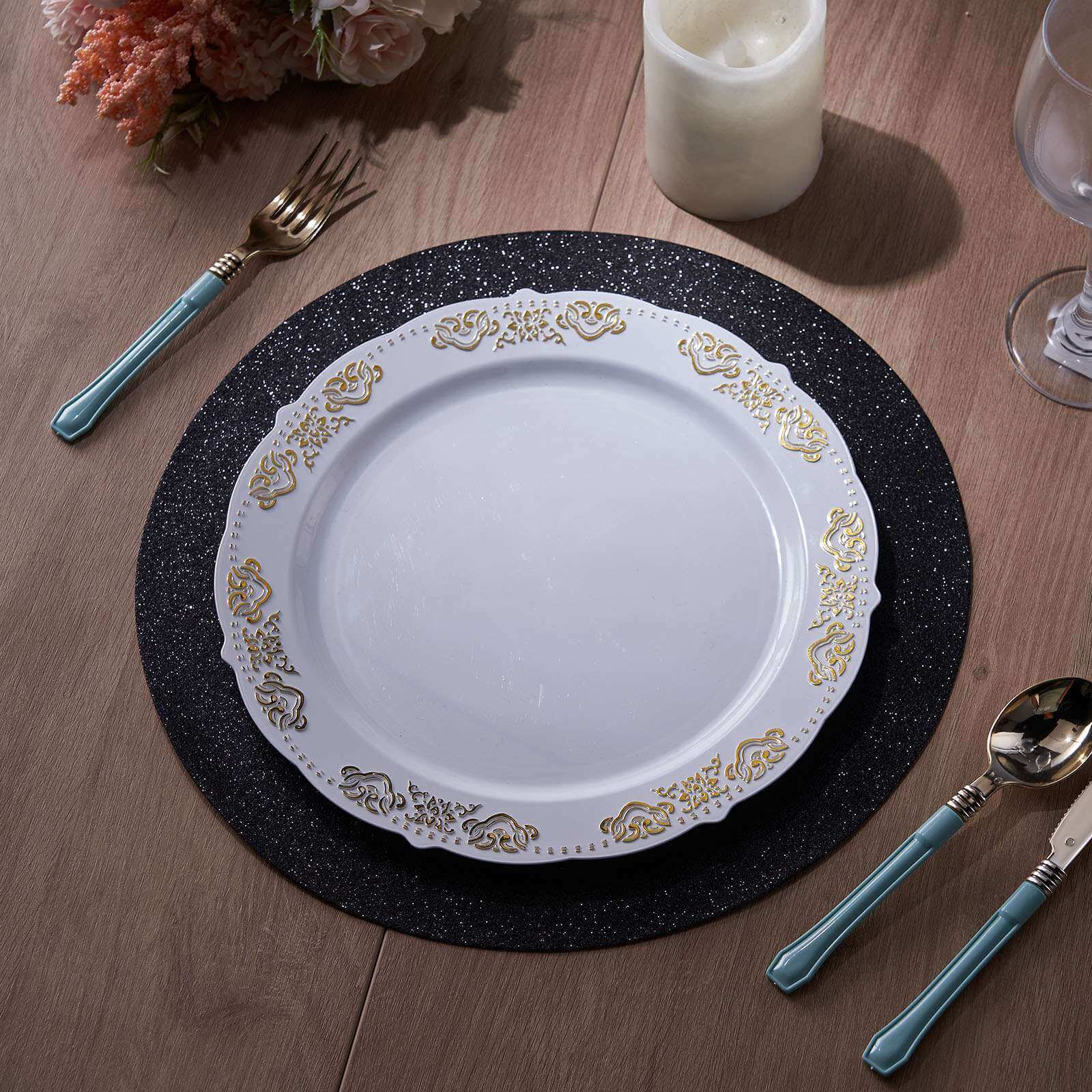 6-Pack Placemats Glitter Design Black Sparkle Round - Non-Slip Decorative Dining Table Mats 13"