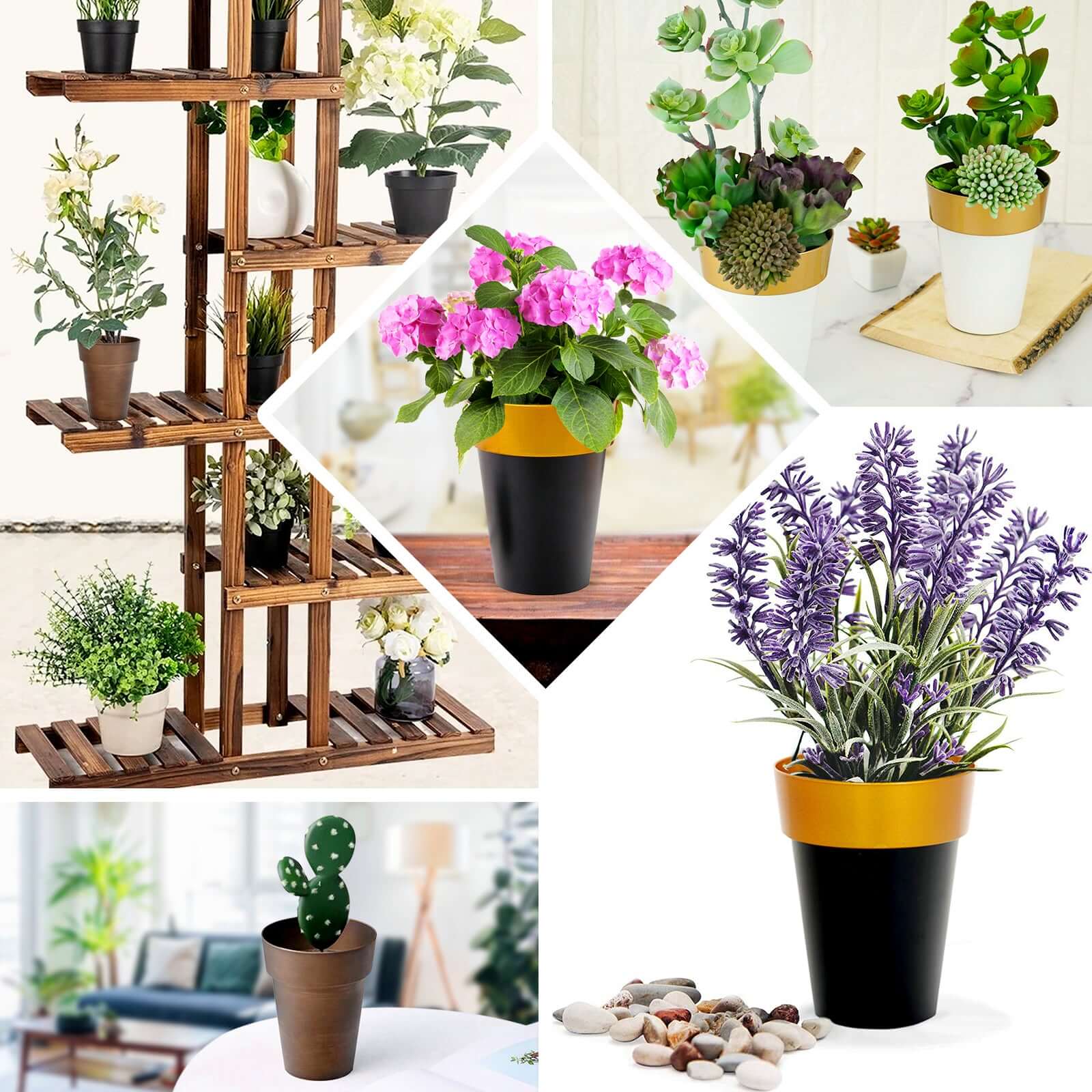 2-Pack Flower Plant Pots Medium Design Black with Gold Rim - Plastic Indoor Decorative Planters 6"