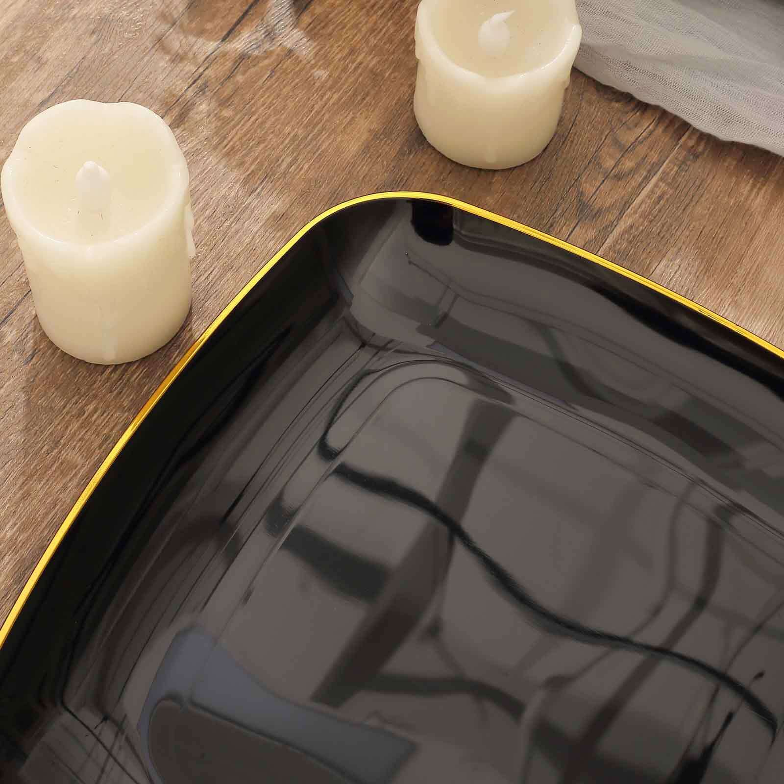 10-Pack Plastic 10" Square Dinner Plates in Black with Gold Rim - Classy Disposable Lunch Party Plates