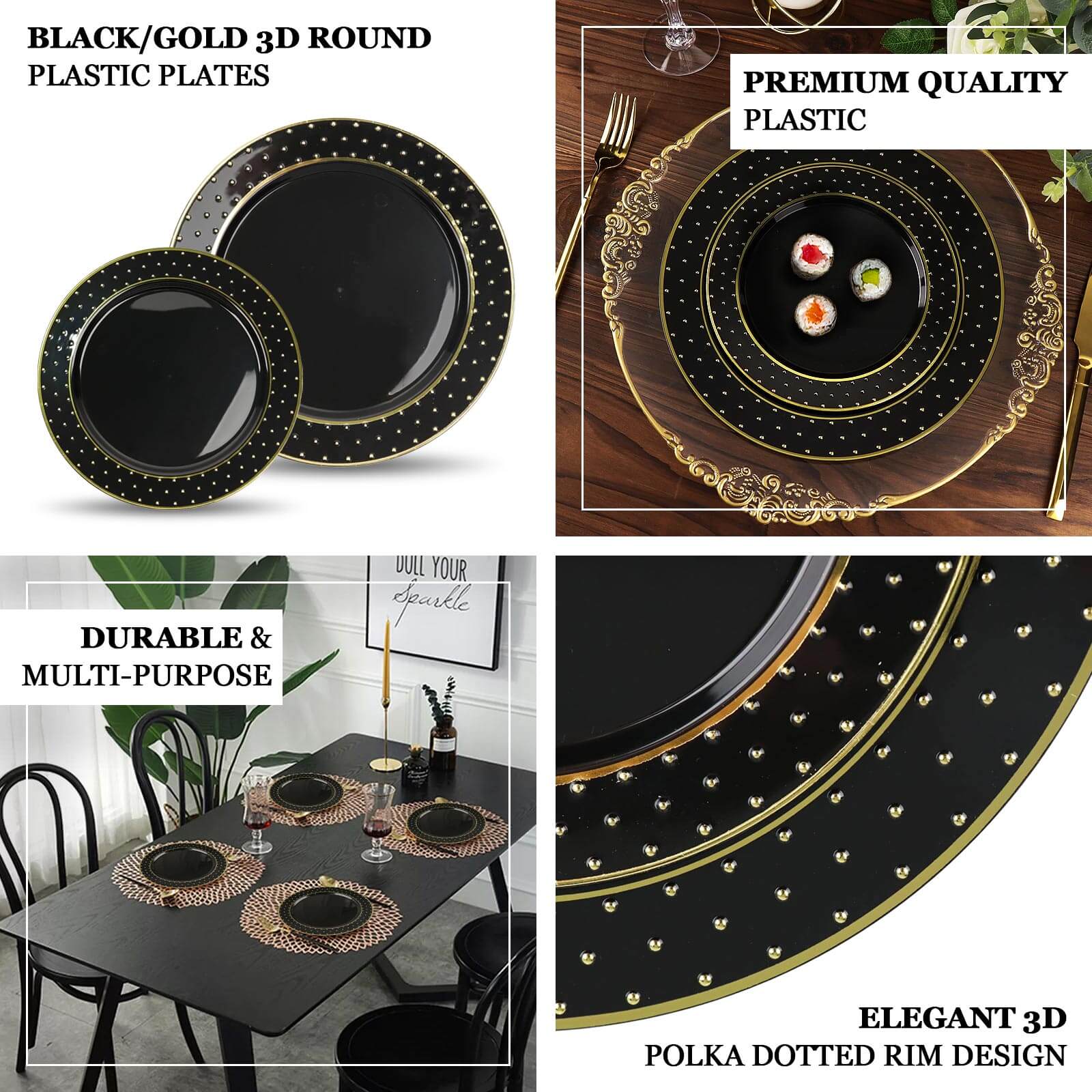 10-Pack Plastic 7.5" Round Dessert Plates in Black with Gold 3D Polka Dotted Rim - Durable Disposable Appetizer Salad Plates for Modern Themed Events & Banquets