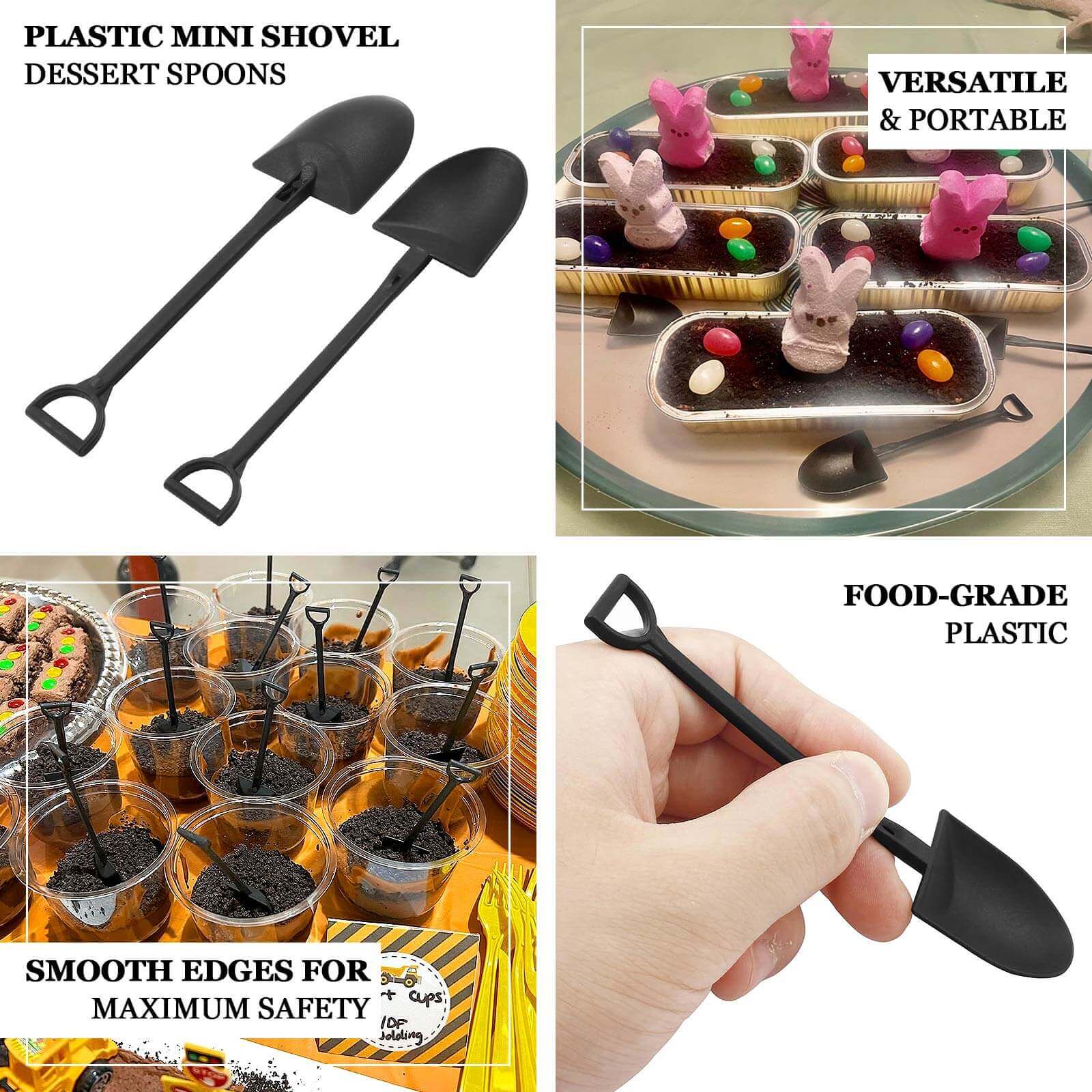 100-Pack Plastic Dessert Spoons with Mini Shovel Design Black - Disposable Ice Cream Spoons 4.5"
