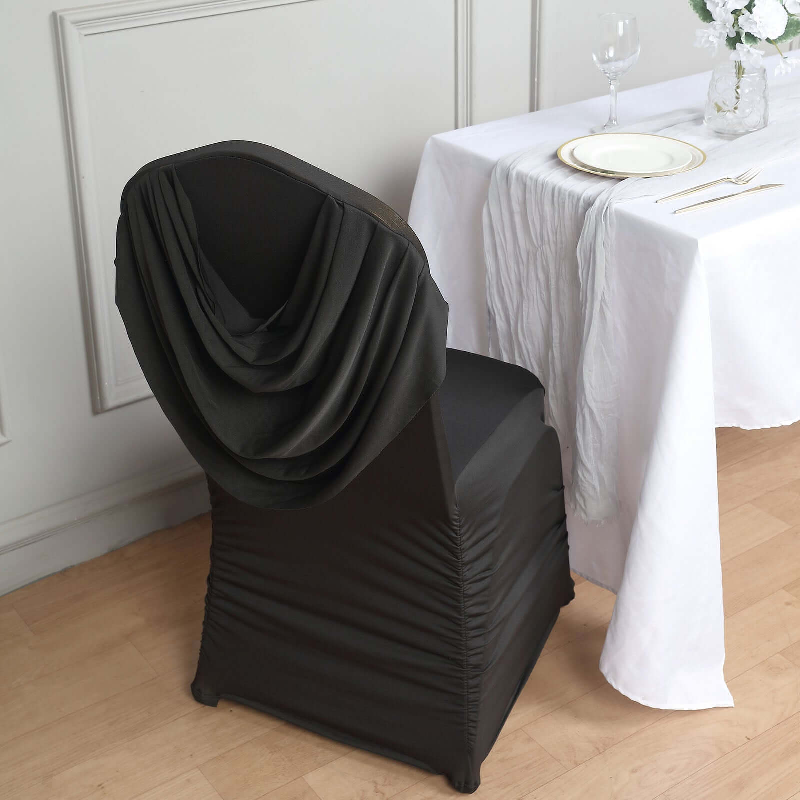 Spandex Chair Cover with Ruched Swag Back and Foot Pockets for Banquet Chairs Black - Fitted Slipcover
