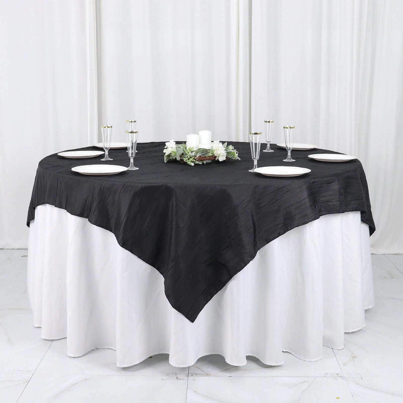 Taffeta 72"x72" Table Overlay Square Tablecloth Black - Accordion Crinkle Table Cover