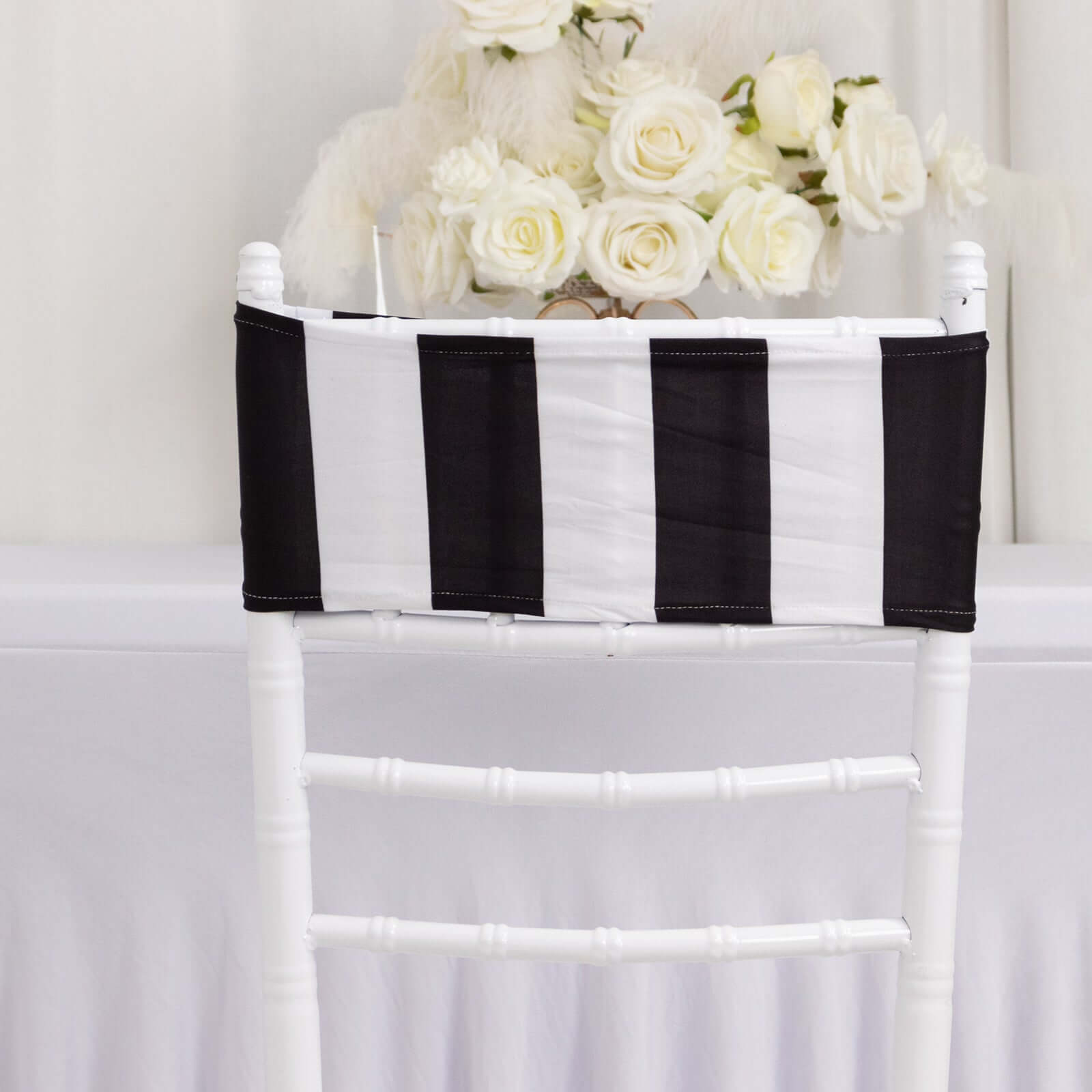 5 Pack Spandex Chair Sashes Black/White Vertical Stripes - Easy to Use & Wrinkle-Free Stretch Chair Bands for Stunning Tablescapes 5"x14"