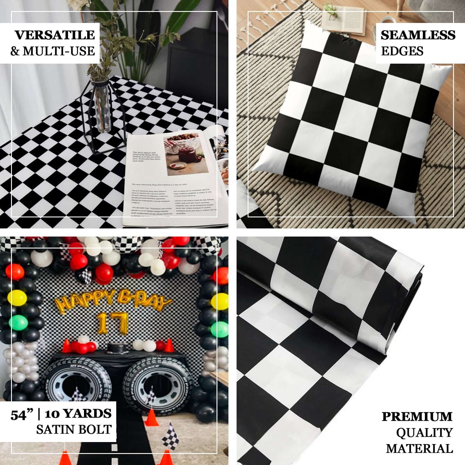 54"x10 Yards Black White Checkered Satin Fabric Bolt, DIY Craft Fabric Roll