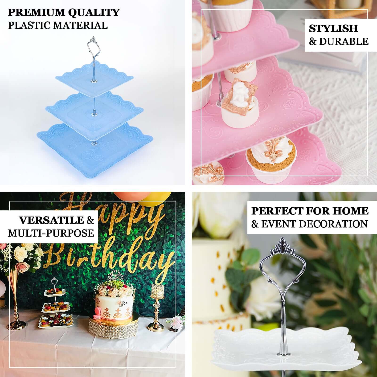 3-Tier Plastic Square Cupcake Stand Tower White - Charming Easy to Assemble Dessert Display Serving Tray Platter with Floral Embossed Scalloped Rim & Silver Handle for Tea Parties Weddings & Special Occasions 13"