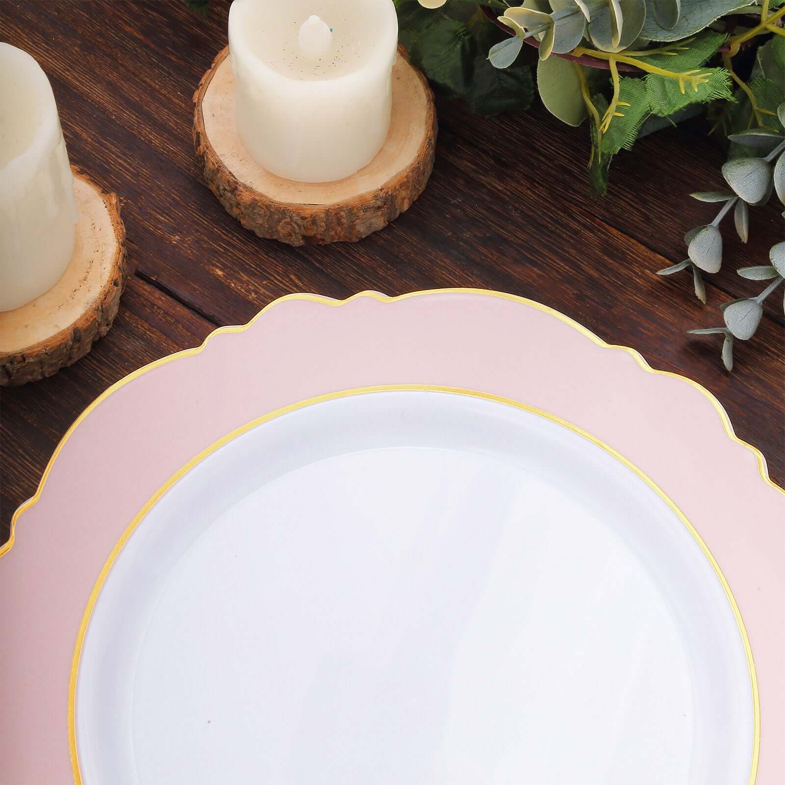 10-Pack Plastic 10" Round Dinner Plates in White with Blush Blossom Design & Gold Edging - Disposable Party Plates