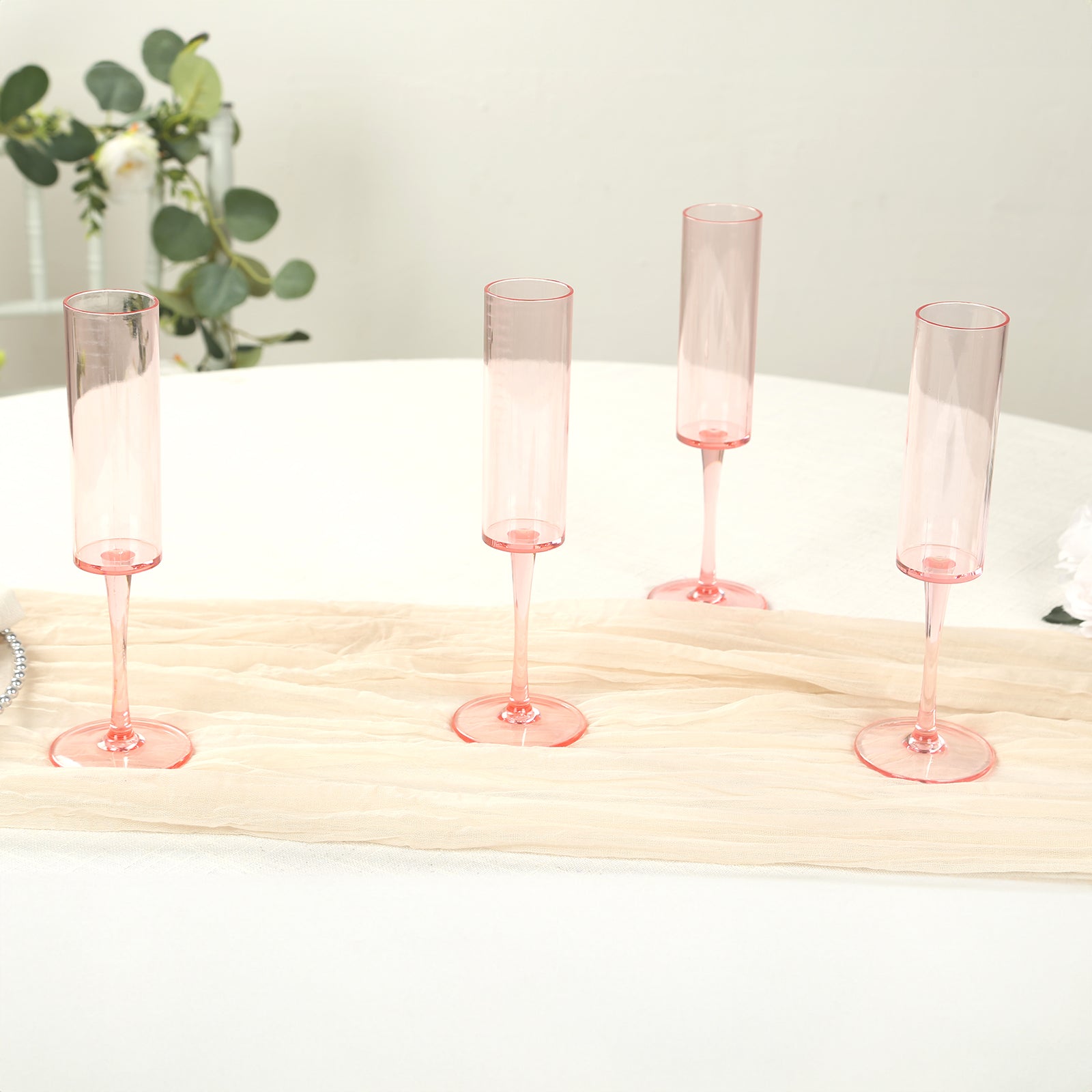 6-Pack Plastic Wine Mimosa Goblets Transparent Blush Cylindrical Shape - Reusable Champagne Flute Glasses 9.5" Tall 6oz