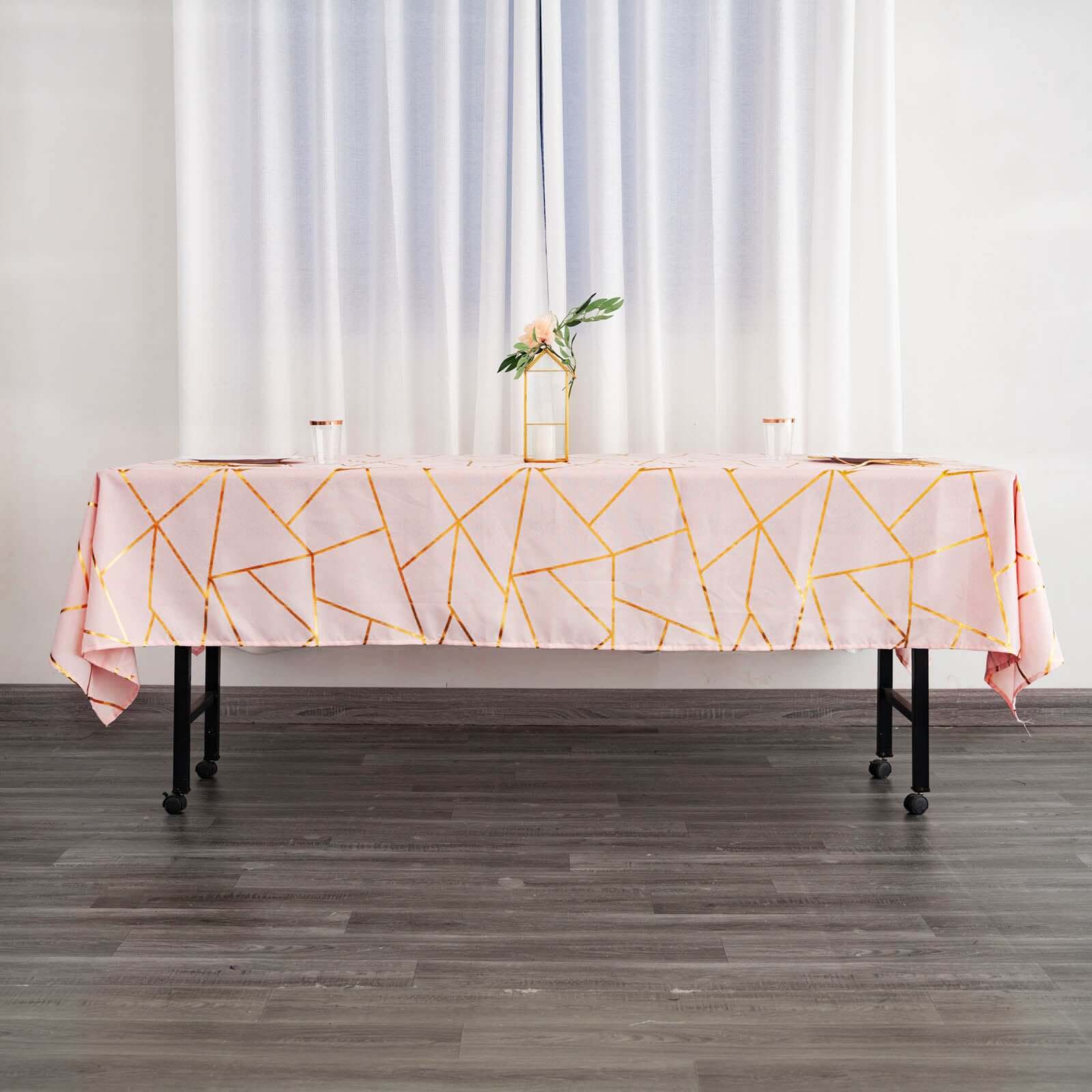 Polyester 60"x102" Rectangle Tablecloth Blush with Gold Foil Geometric Pattern - Wrinkle-Resistant & Durable Table Cover