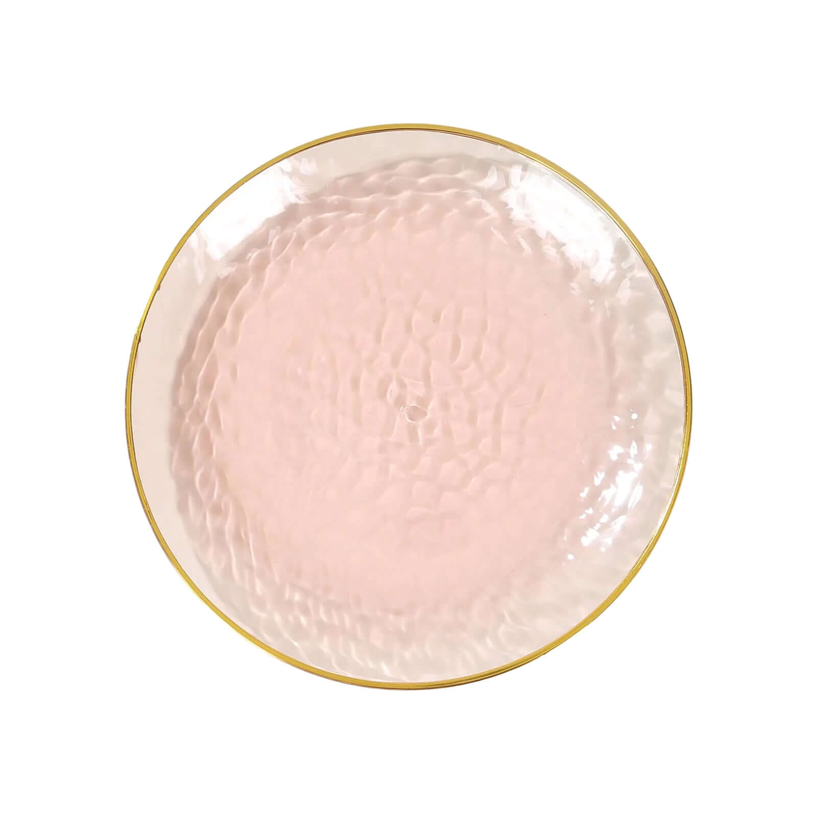 10-Pack Plastic 7" Round Dessert Appetizer Plates in Transparent Blush Hammered Design with Gold Rim - Modern Disposable Salad Plates