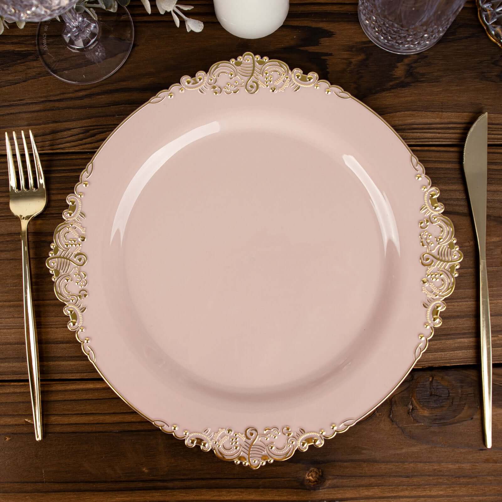 10-Pack Plastic 10" Round Dinner Plates in Blush with Gold Leaf Embossed Rim - Disposable Vintage Baroque Style Plates