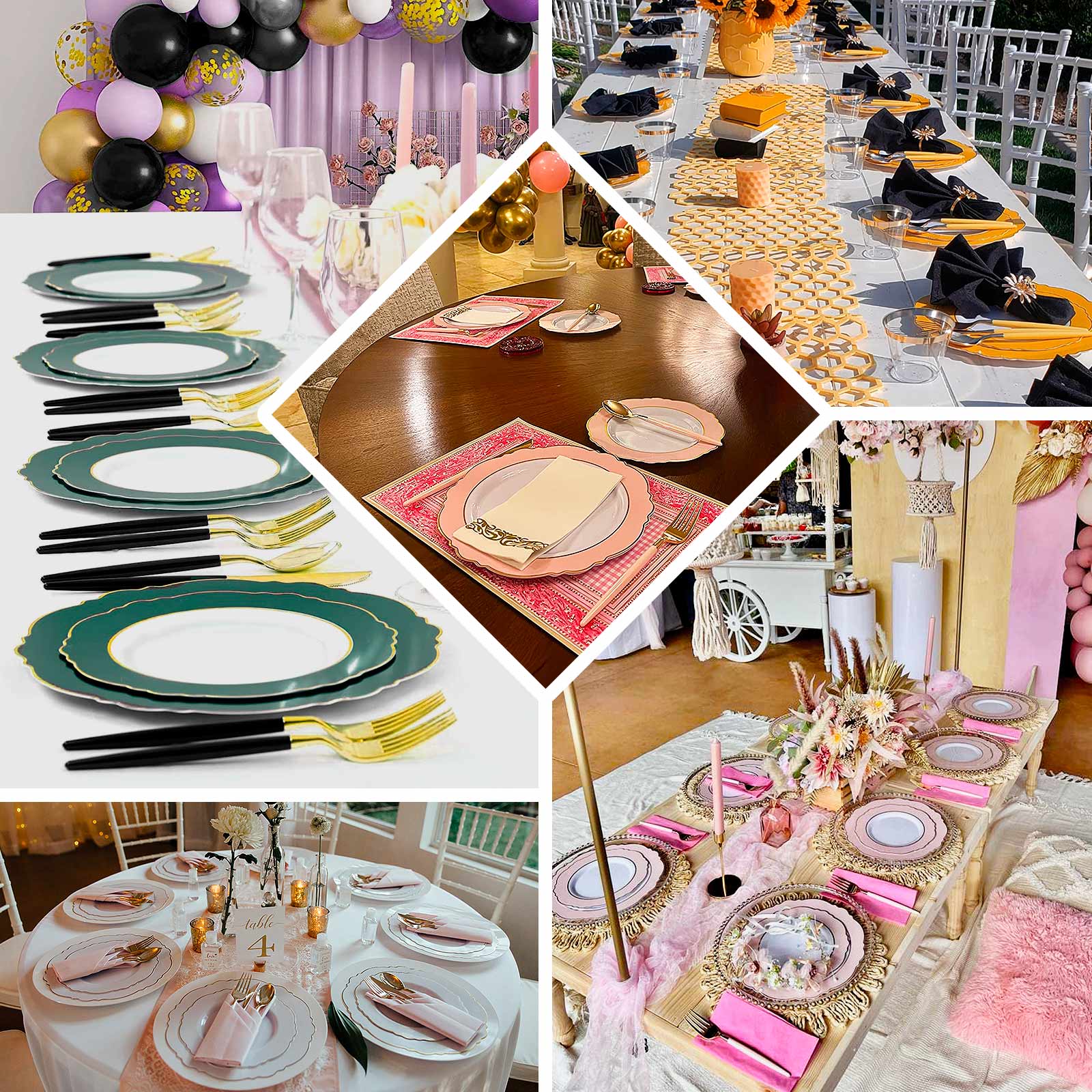 10-Pack Plastic 8" Round Dessert Plates in White with Blush Blossom Design & Gold Edging - Disposable Salad Appetizer Plates