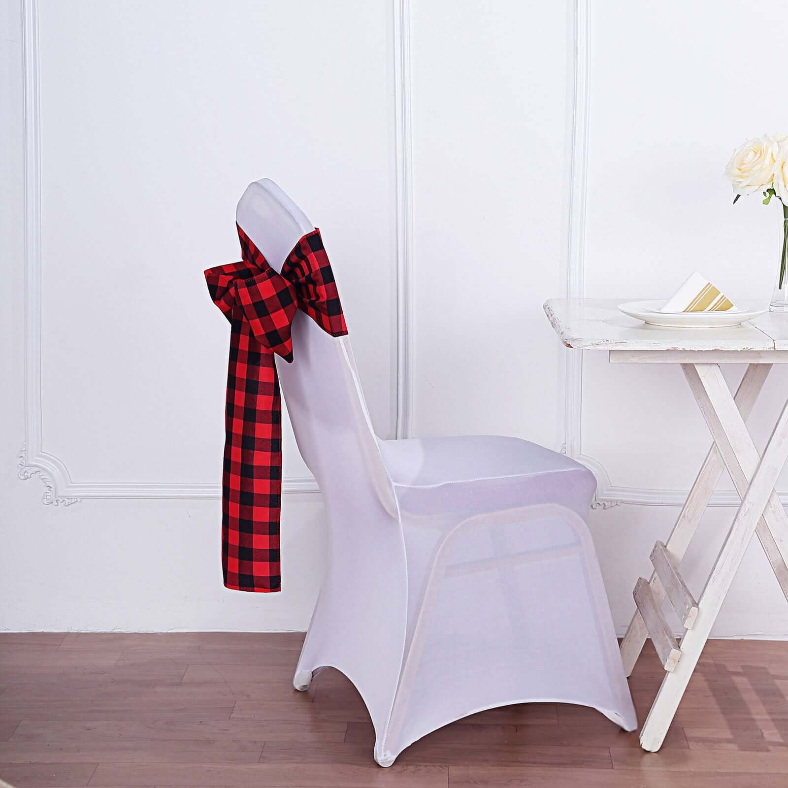 5 Pack Polyester Chair Sashes Black/Red Buffalo Plaid - Durable & Reusable Chair Bows 6"x108"