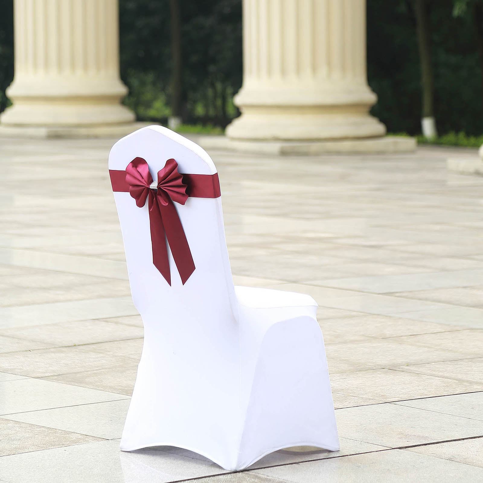 5 Pack Satin Faux Leather Chair Sashes Burgundy - Durable Double Sided Pre-tied Bow Tie Chair Bands with Diamond Rhinestone Buckles