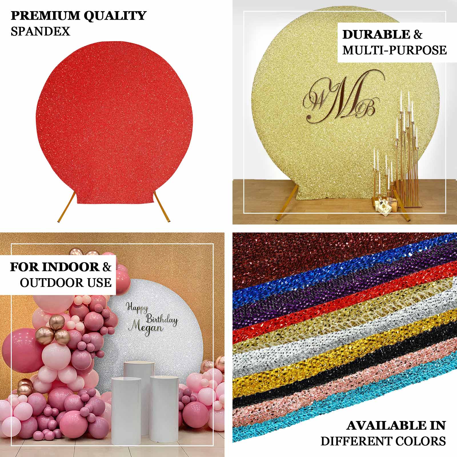 7.5ft Burgundy Metallic Shimmer Tinsel Spandex Round Wedding Arch Cover, 2-Sided Photo Backdrop