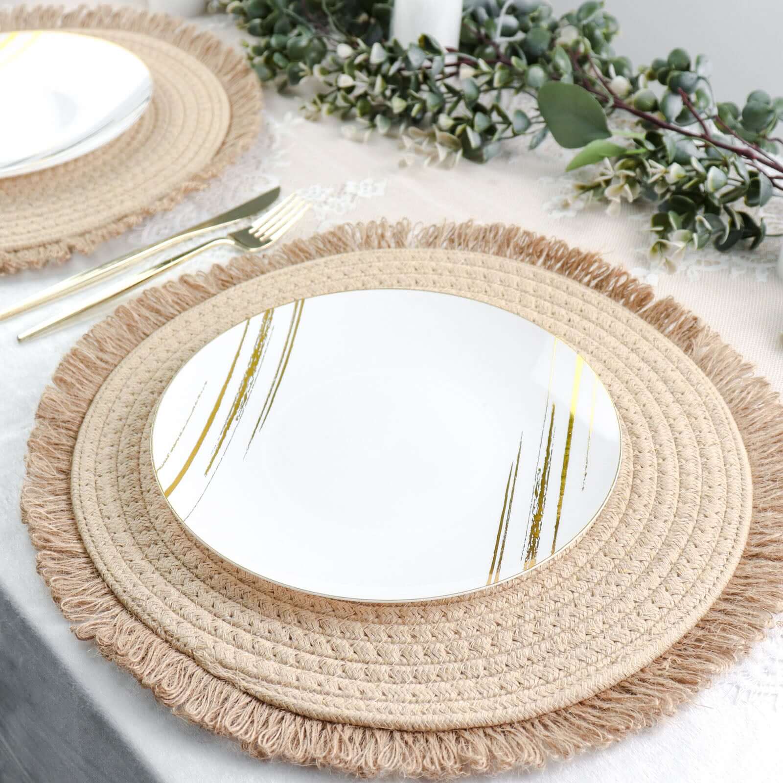 4-Pack Placemats Fringed Edge Design Natural Rustic Burlap Jute Round - Farmhouse Style Table Mats with Trim 15"