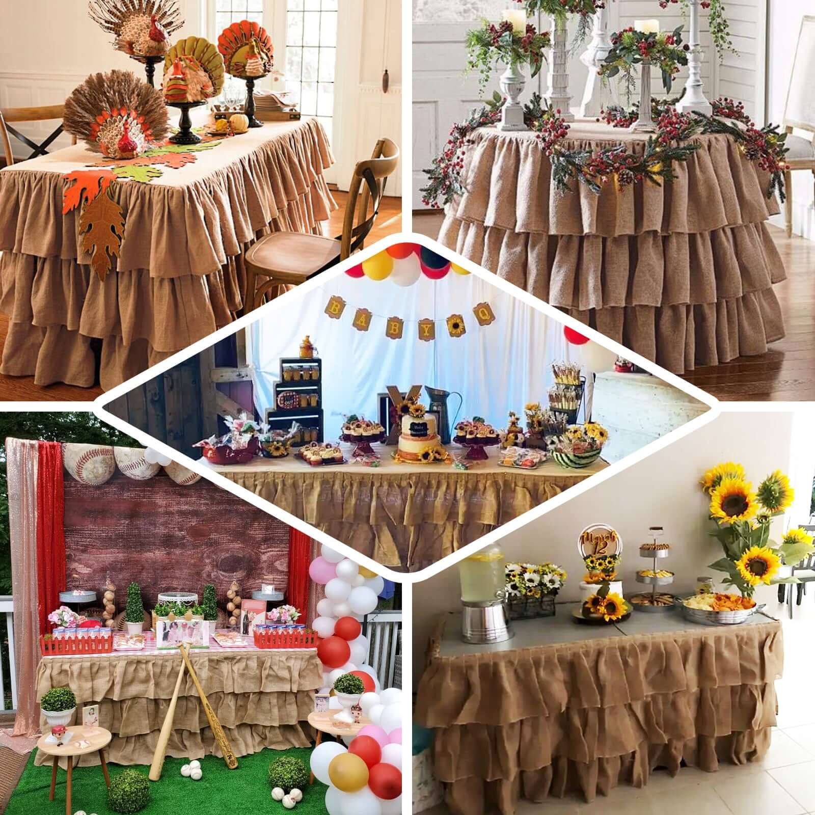 Burlap 21ft Table Skirt Natural 3 Tier Ruffled Design for Rustic Weddings & Country Events
