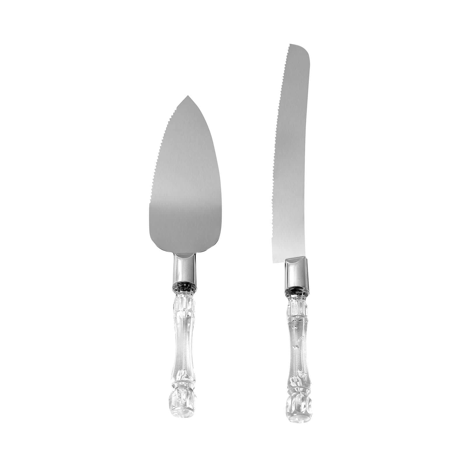 2 Set Knife and Server Stainless Steel with Clear Acrylic Handle - Party Favors with Gift Box 10" & 12"