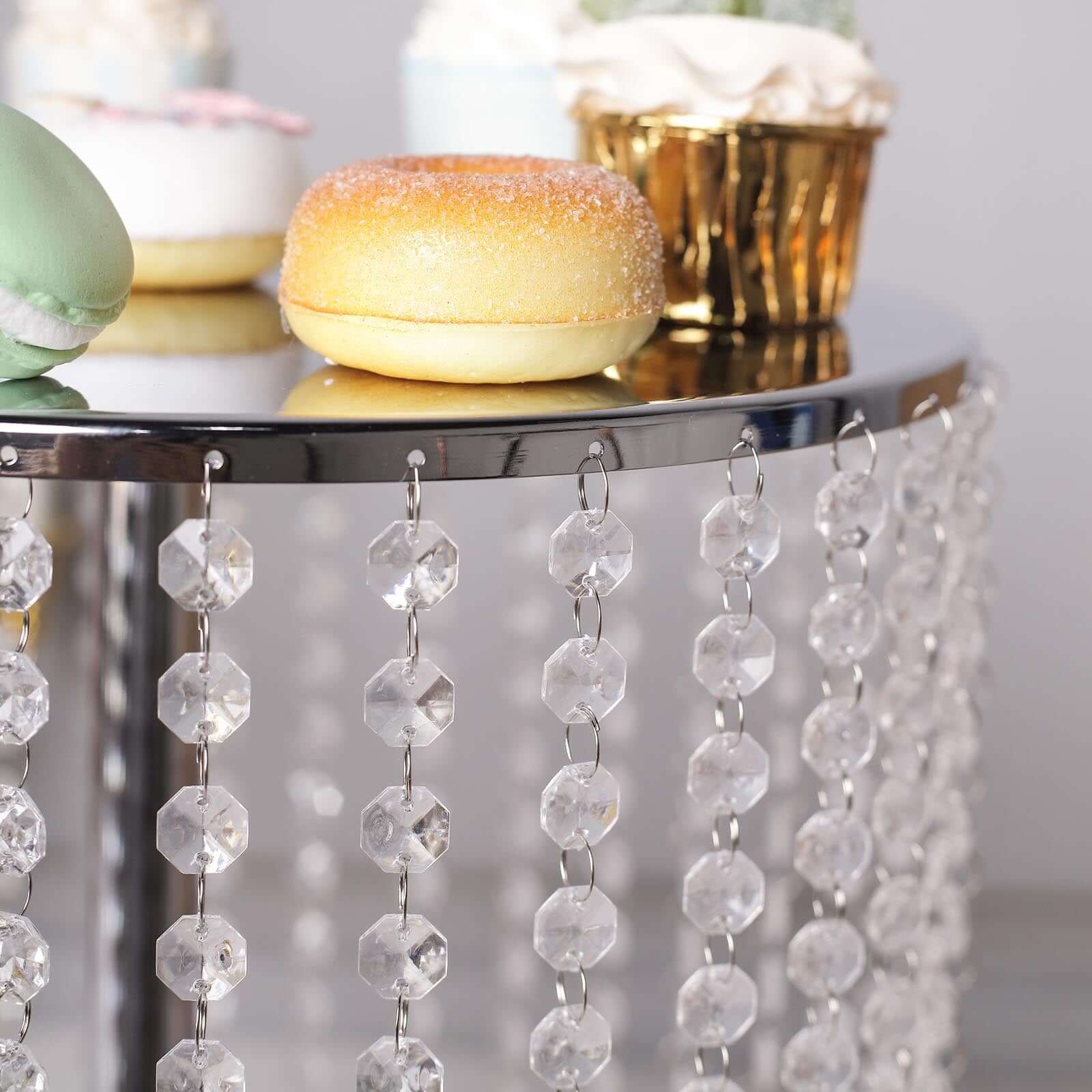 Metal Cake Stand Round Design Metallic Silver with Crystal Chains 14" Dia - Cupcake Dessert Pedestal 16"Tall