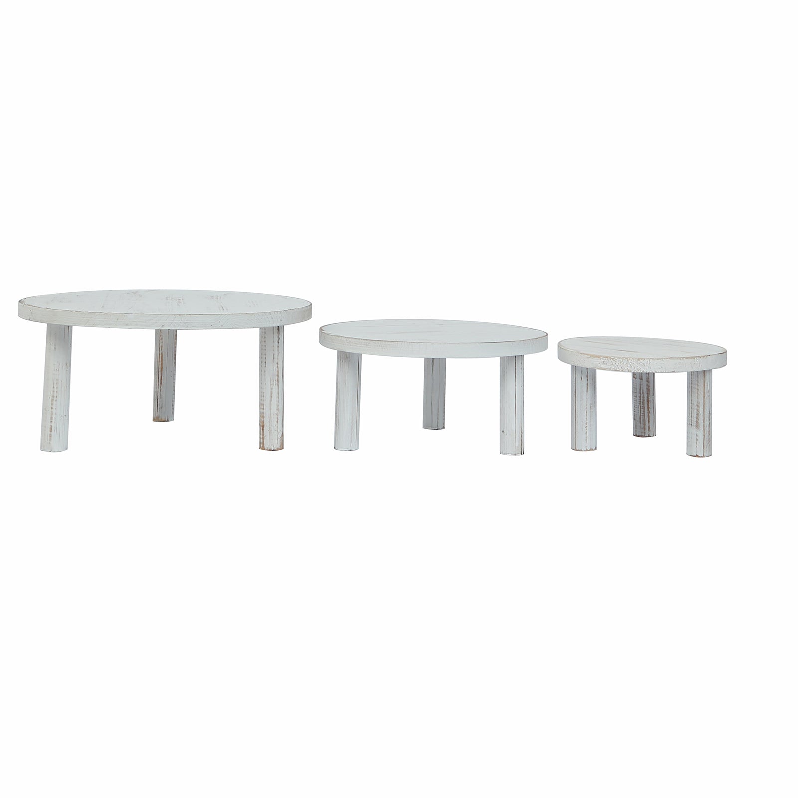 Set of 3 Wooden Pedestal Cake Stands Whitewash with Removable Legs - Stackable Round Rustic Plant Risers 7", 9.5", 12"
