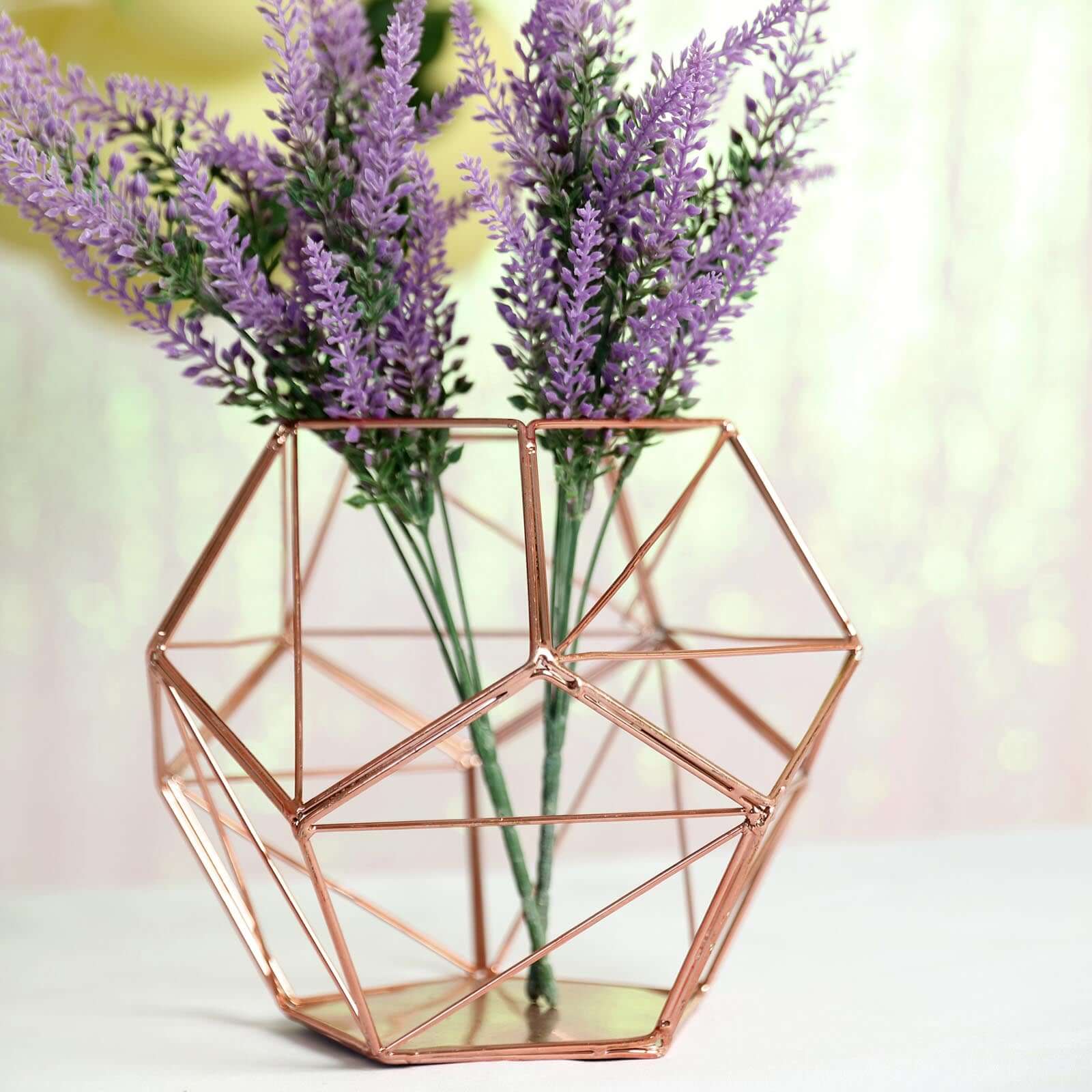 Tealight Candle Holder Rose Gold Metal Pentagon Prism Geometric Open Frame - Flower Stand 7"