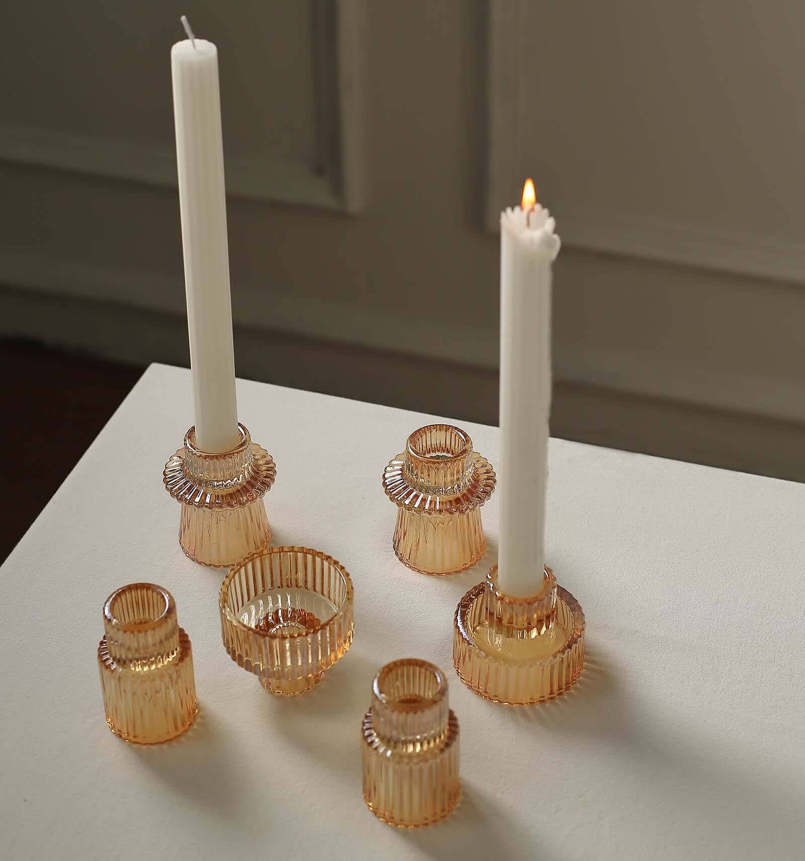 Set of 6 Glass Taper Candle Holders Ribbed Crystal Design Amber Gold - Reversible Mini Votive Tealight Stands 3"