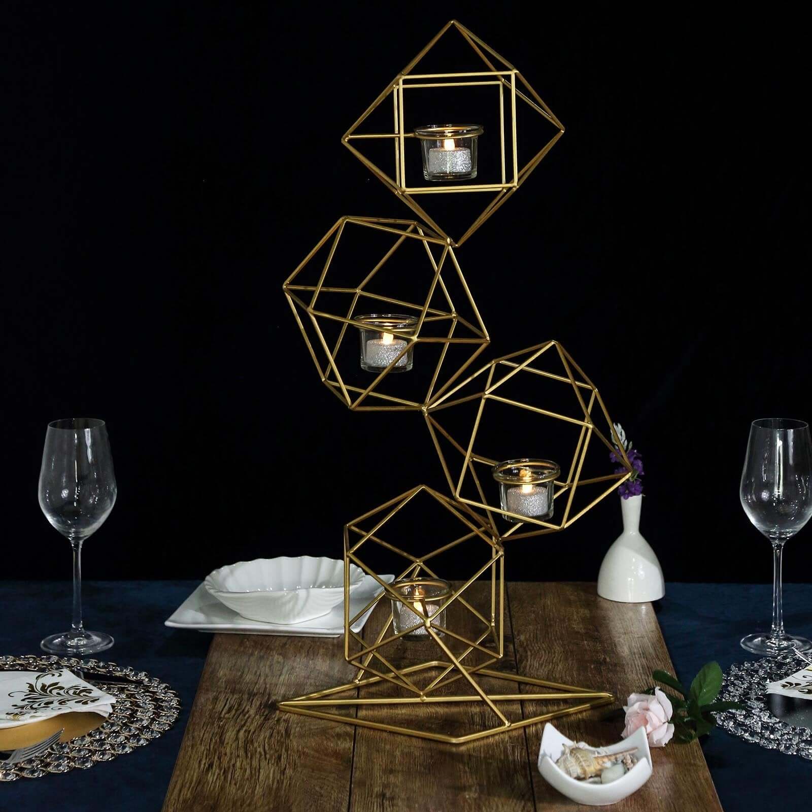 Tealight Candle Holder Metal Linked Geometric Design Gold with Votive Glass Holders - Sophisticated Decor for Tables & Gatherings 25"
