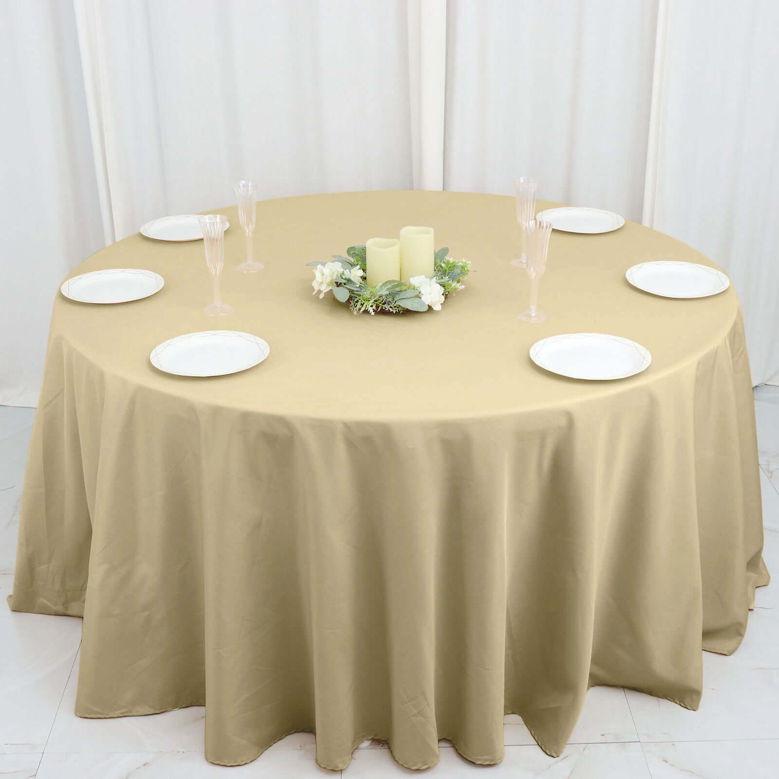 Polyester 132" Round Tablecloth Champagne - Seamless Chic Table Cover
