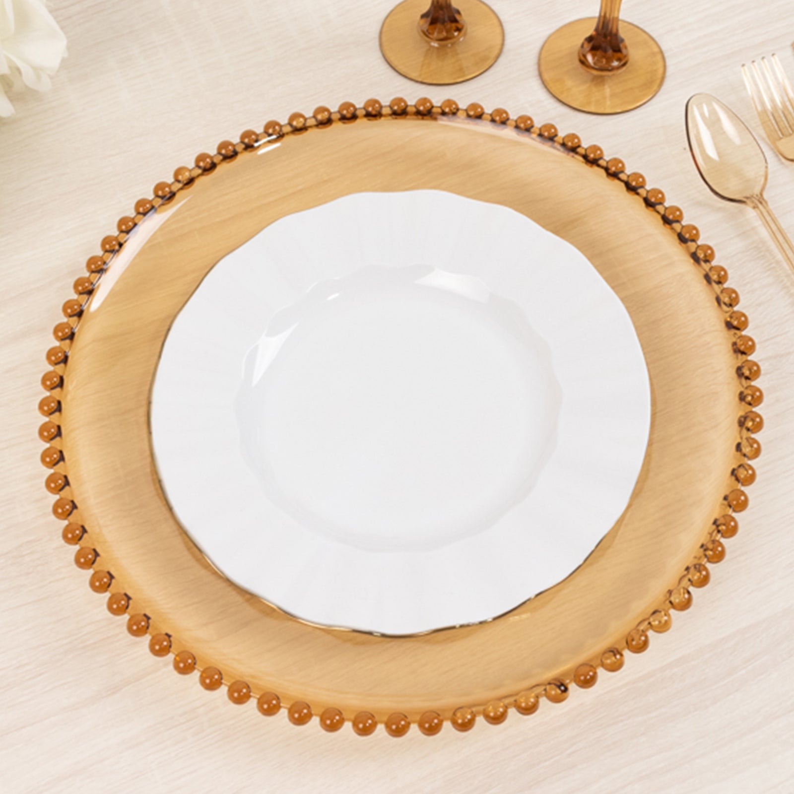 6-Pack Acrylic Round Charger Plates 13" in Amber Gold with Beaded Rim, Decorative Dinner Party Charger Tableware