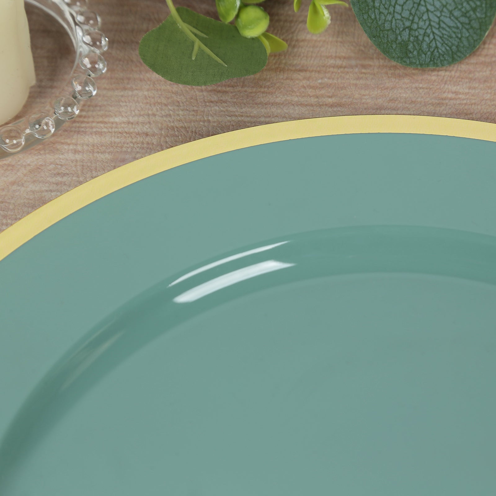 10-Pack Economy Plastic Round Charger Plates 12" in Dusty Sage Green with Wide Gold Rim, Decorative Dinner Party Serving Plates