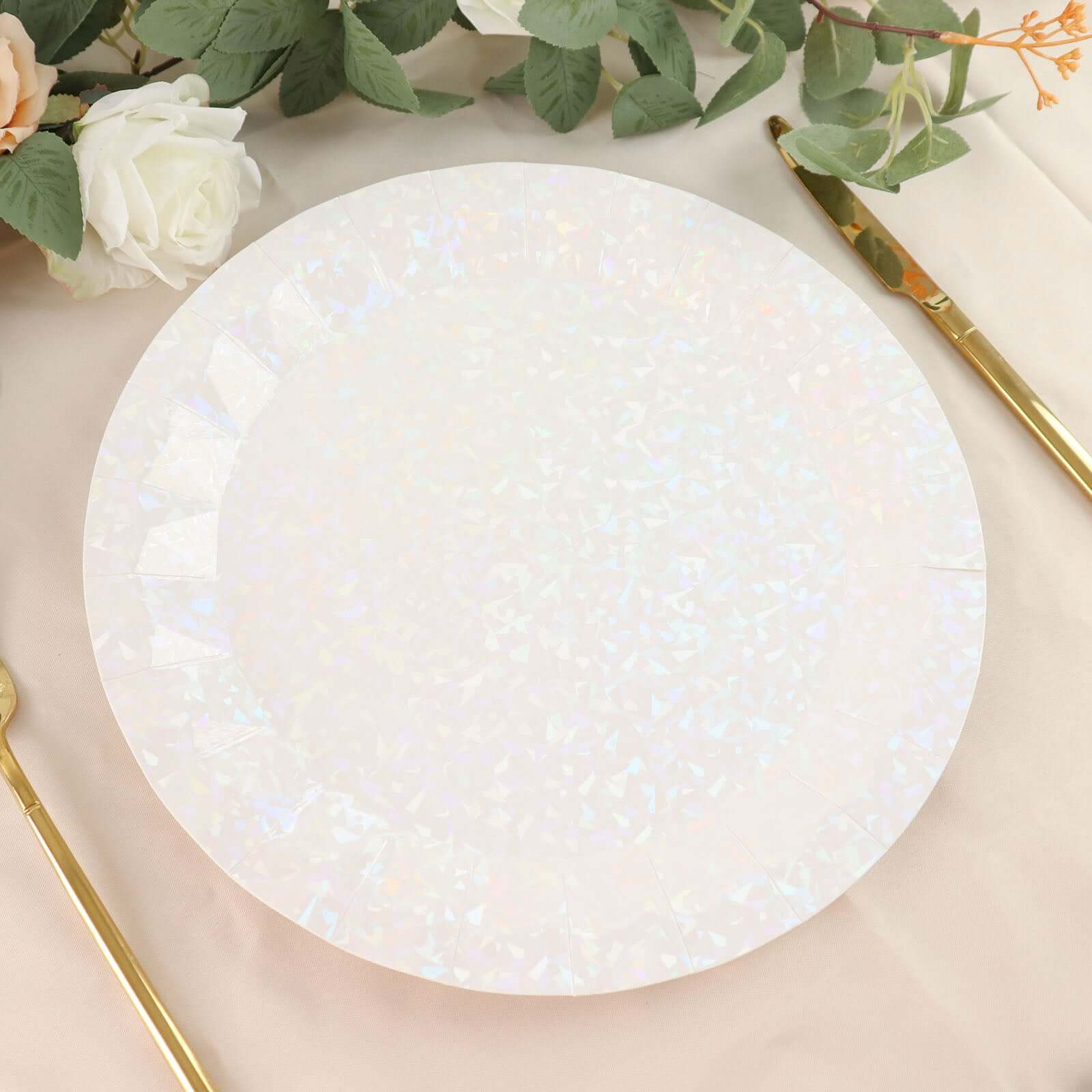 25-Pack Paper 12" Round Charger Plates in Iridescent with Geometric Prism Design - Disposable 400GSM Serving Trays