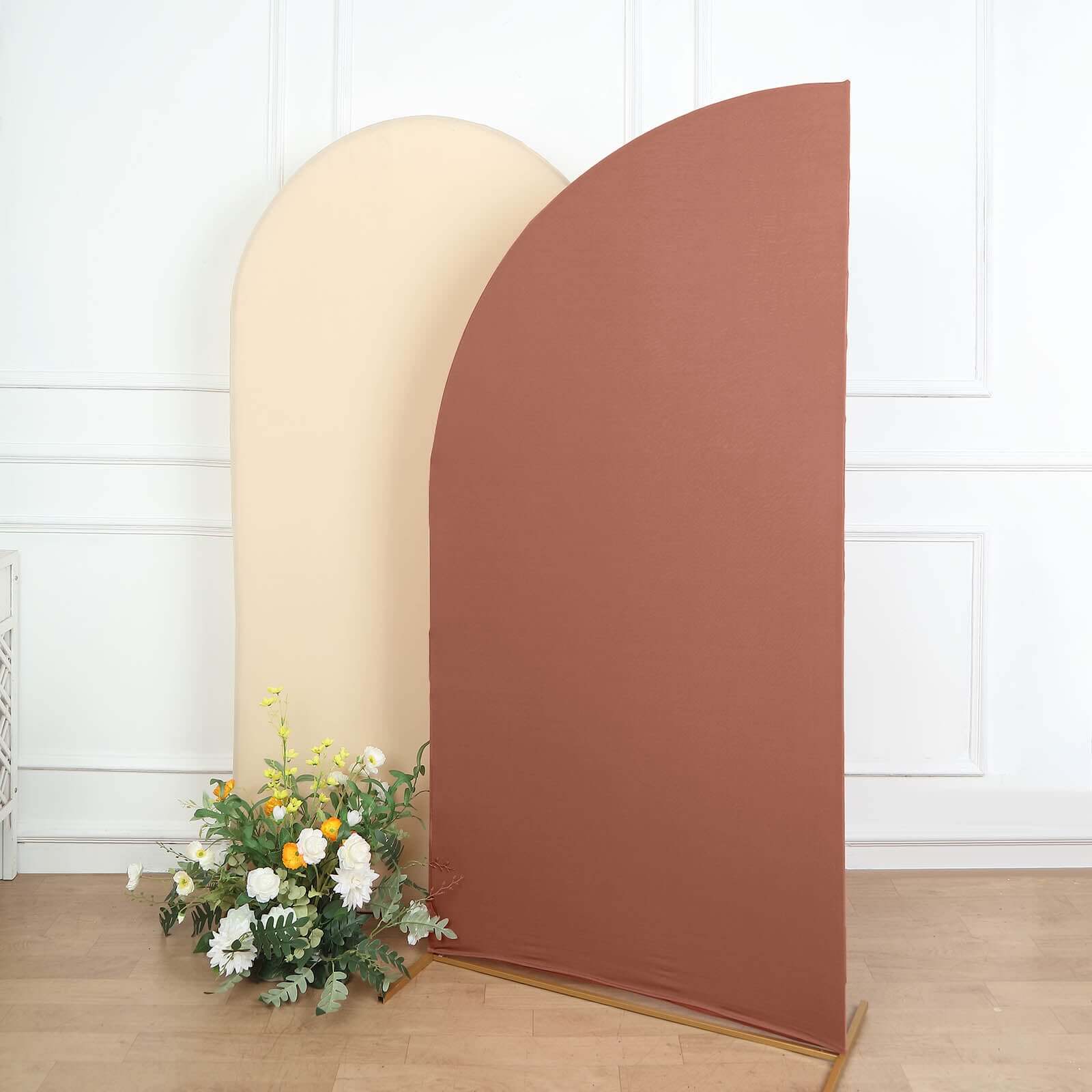 7ft Matte Terracotta (Rust) Spandex Half Moon Chiara Backdrop Stand Cover, Custom Fitted Wedding Arch Cover