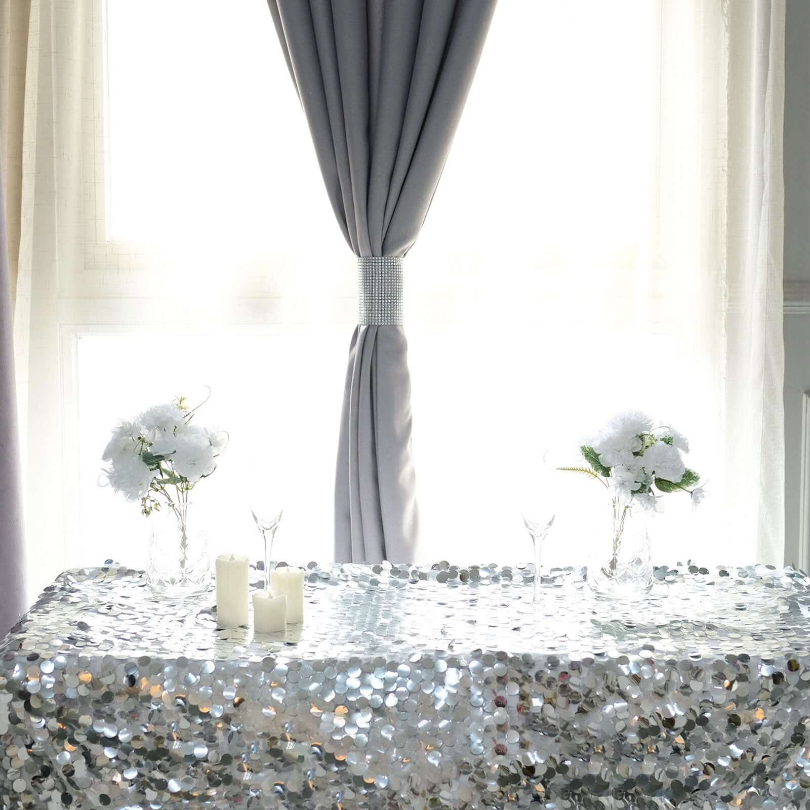 4 Pack Silver Rhinestone Mesh Velcro Backdrop Curtain Bands, Large Chair Sash Clip Tie Backs - 5"X10"