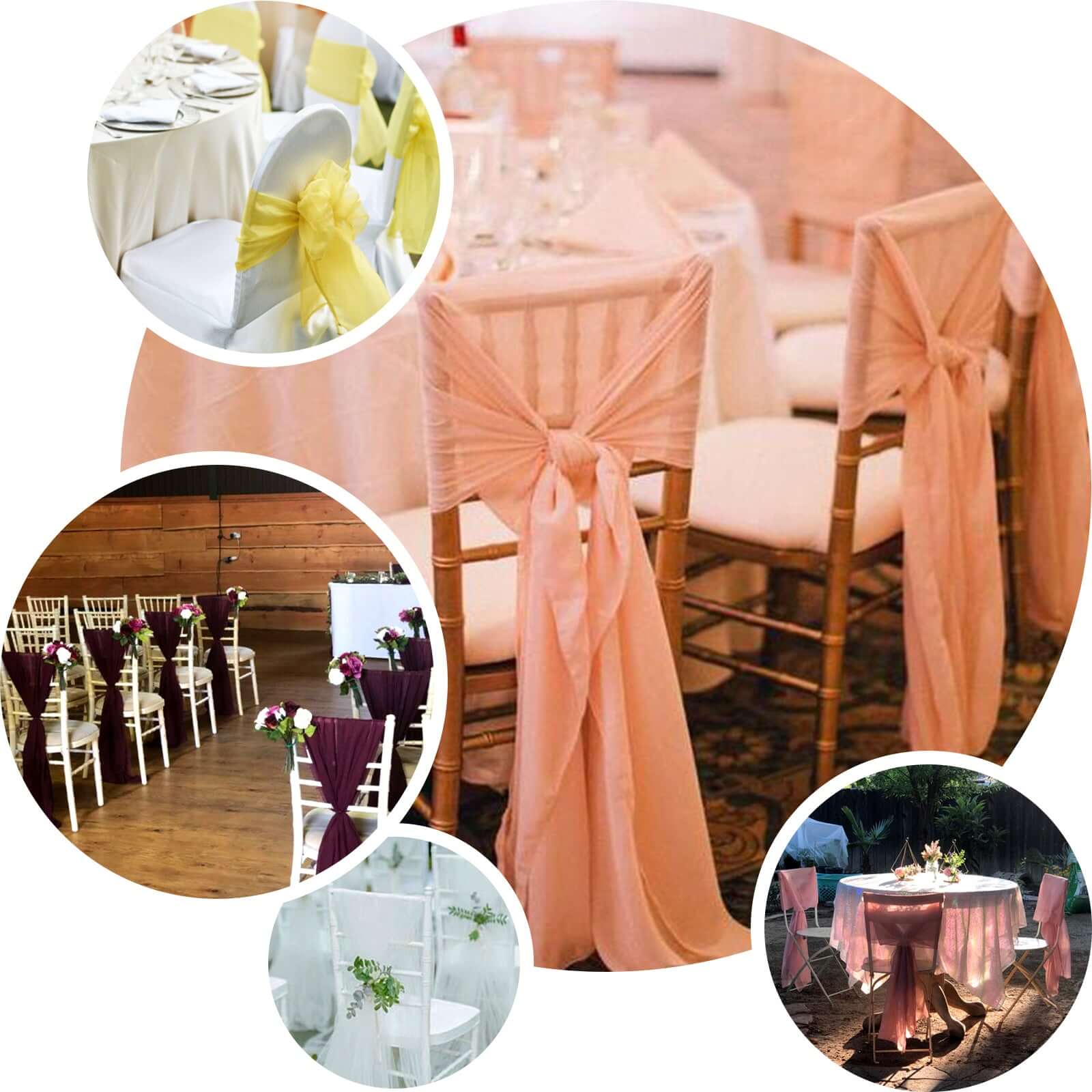 5 Pack Chiffon Chair Sashes Champagne - Soft & Lightweight Designer Chair Bows 22"x78"