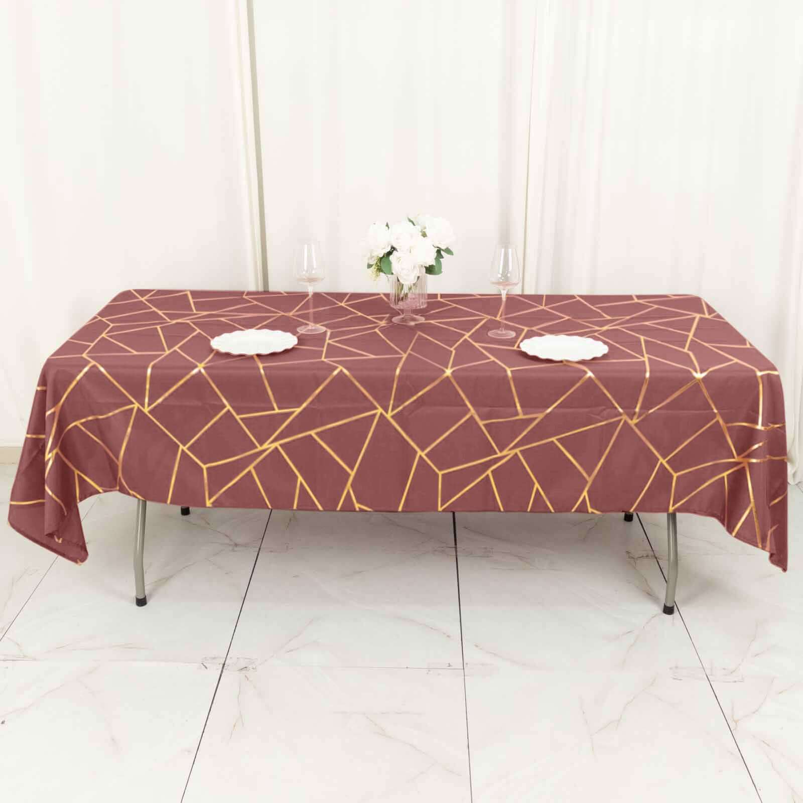 Polyester 60"x102" Rectangle Tablecloth Cinnamon Rose with Gold Foil Geometric Pattern - Wrinkle-Resistant & Durable Table Cover
