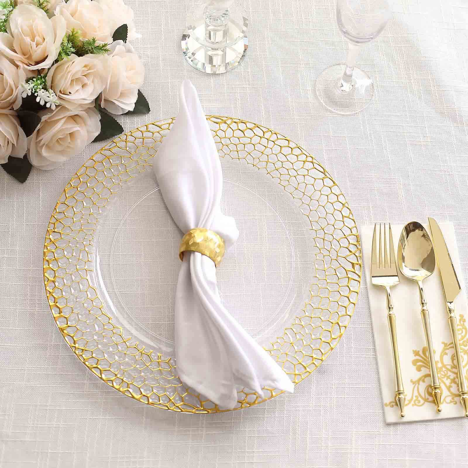 6-Pack Acrylic Round Charger Plates 13" in Clear with Gold Hammered Rim, Decorative Plastic Charger Tableware