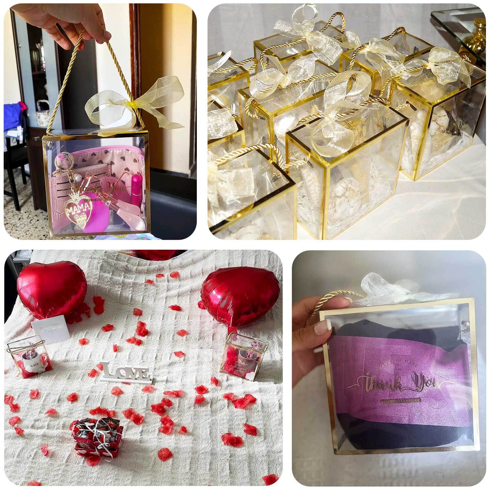 25 Pack Gold Trimmed Clear PVC Gift Boxes with Rope Handles and Thank You Print, Transparent Portable Candy Favor Boxes - 5.5"x5.5"