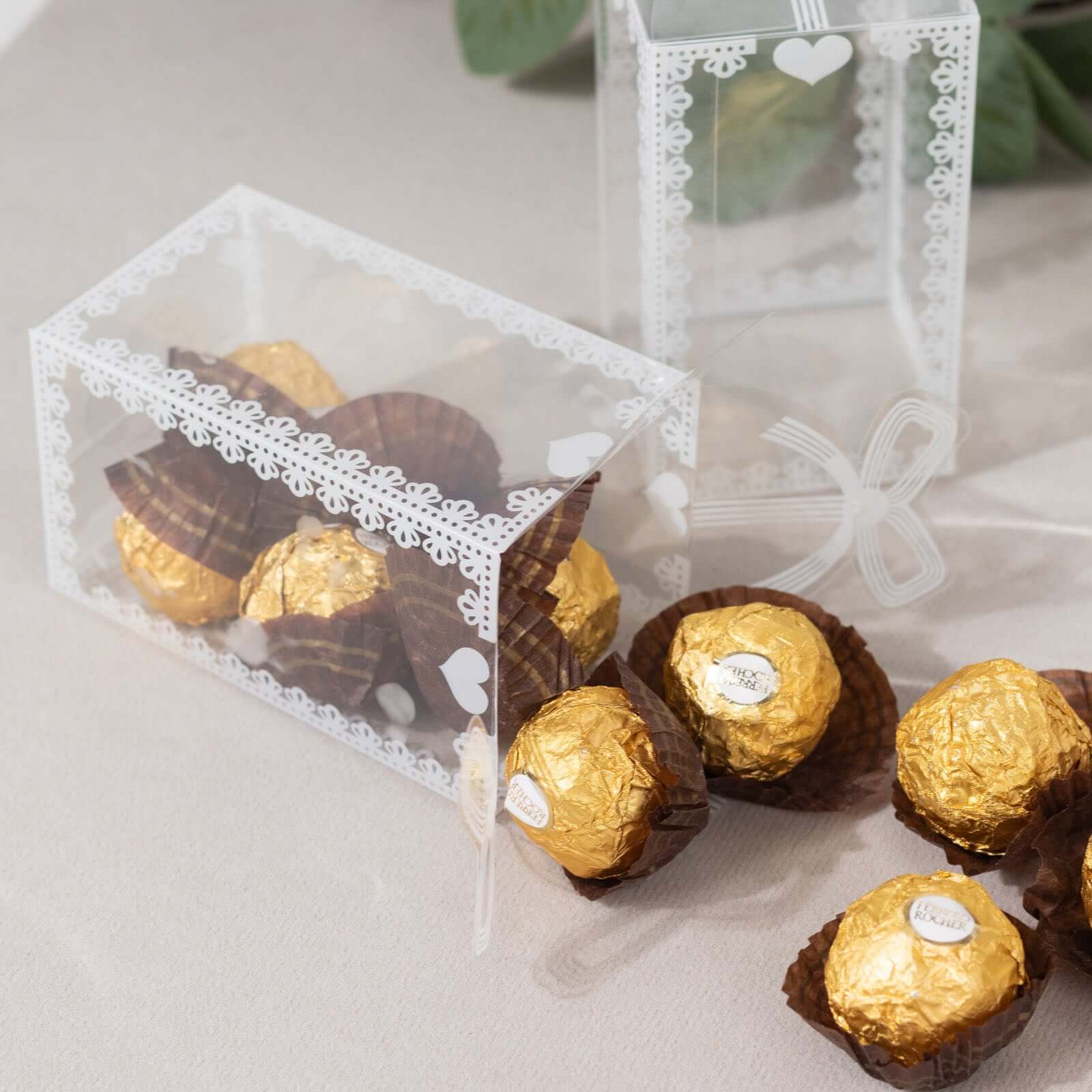 25 Pack Clear Rectangle Candy Gift Boxes With Bowknot and White Lace Pattern, 4" Transparent Plastic Party Favor Boxes - 2"x2"x4"