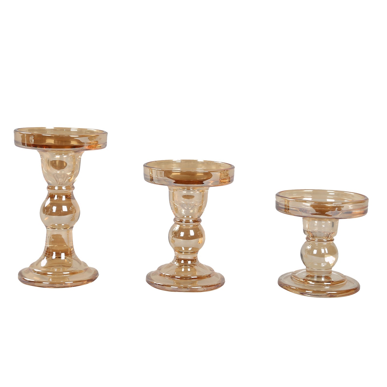 Set of 3 Glass Pillar Candle Holders Amber Gold with Round Tray - Crystal Ball Stem Taper Candlestick Tea Light Stands 3.5", 4.5", 5.5"