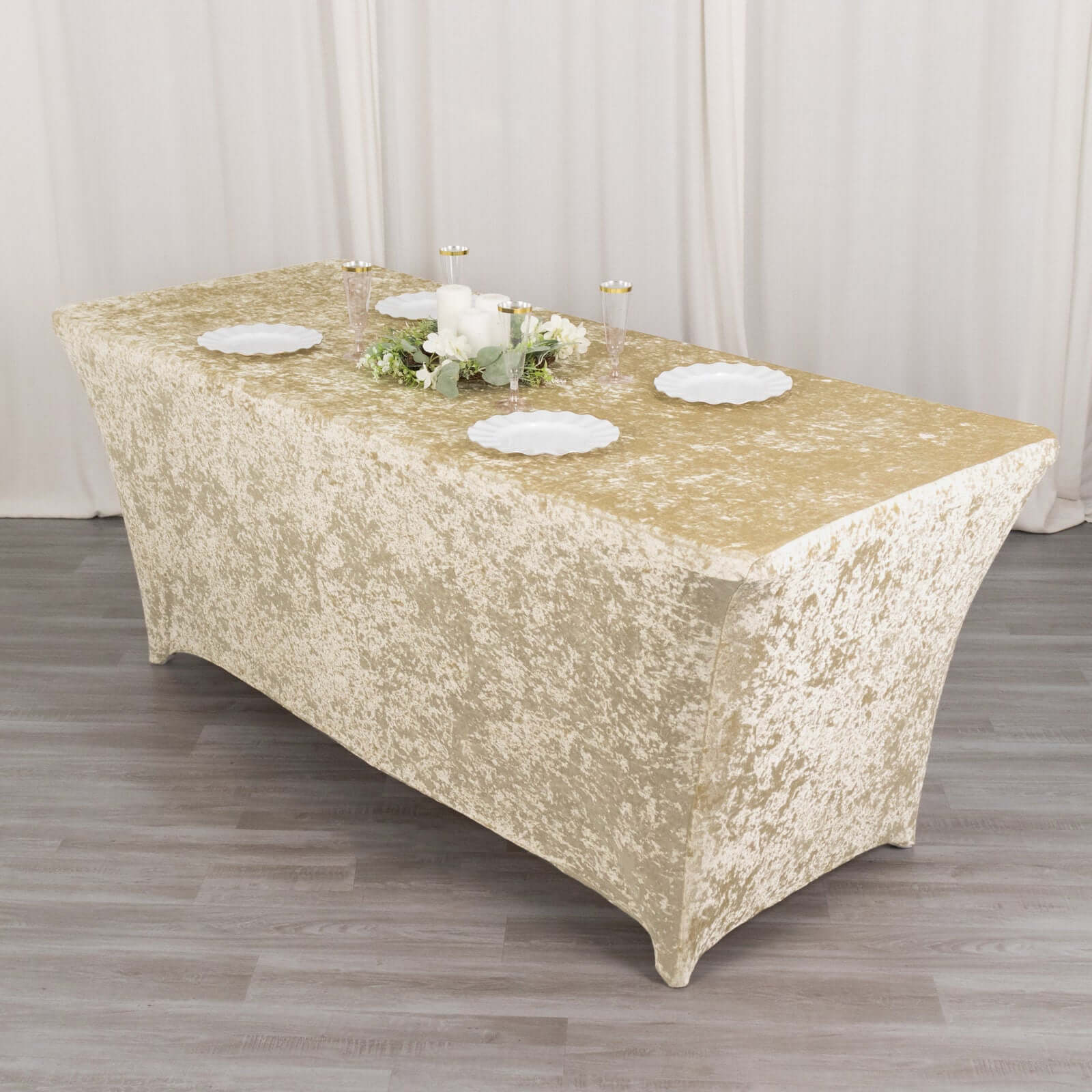 Crushed Velvet Fitted Rectangular 6ft Table Cover Beige - Wrinkle-Free Stretchy Tablecloth
