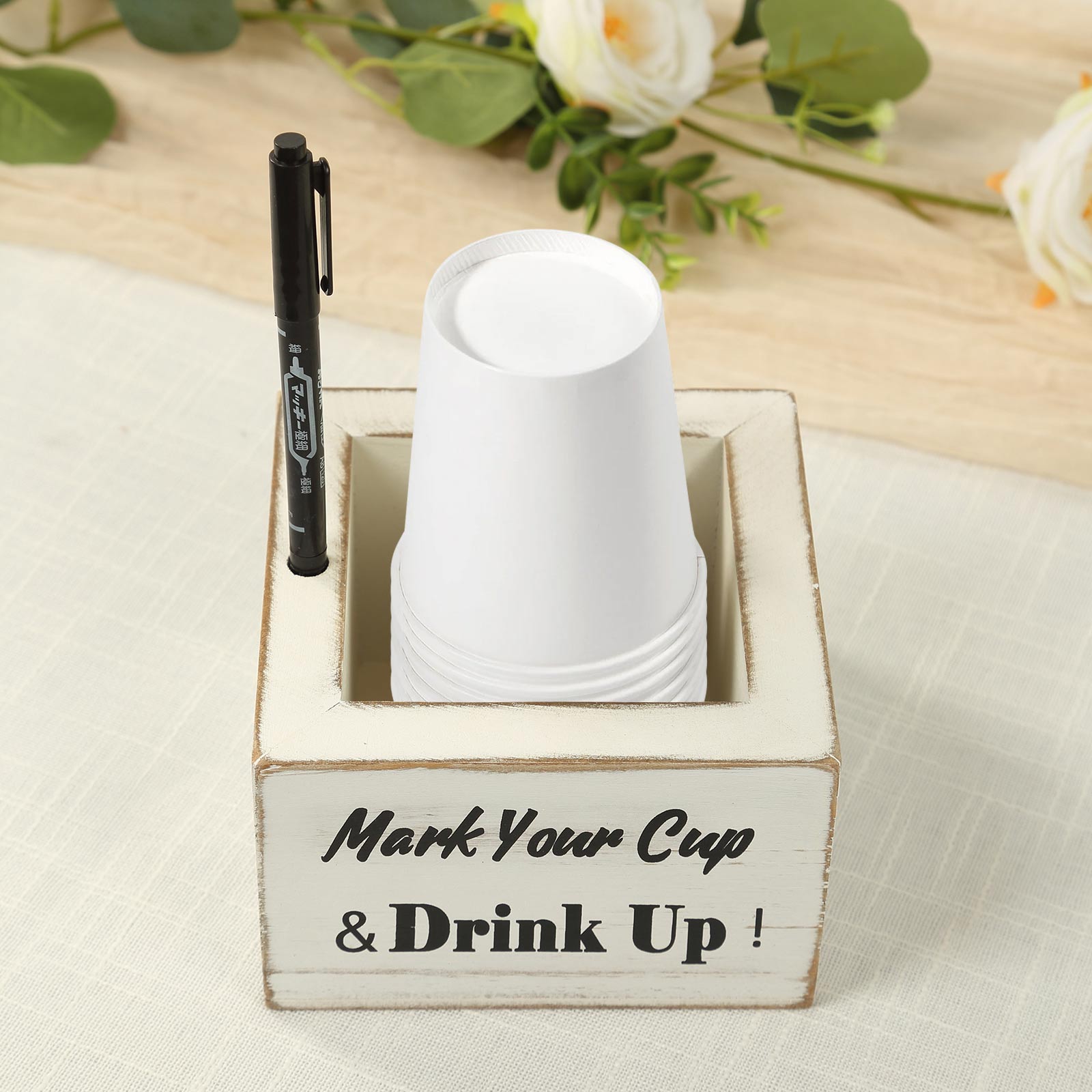 Rustic Wooden Solo Cup Holder Whitewashed with Black Marker - Farmhouse Party Dispenser Box 5.5"