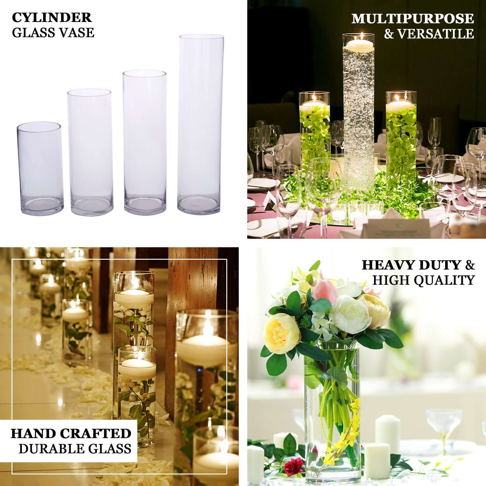 6-Pack Glass Flower Vases Cylinder Design Heavy Duty Clear - Stylish Centerpieces for Weddings 12"
