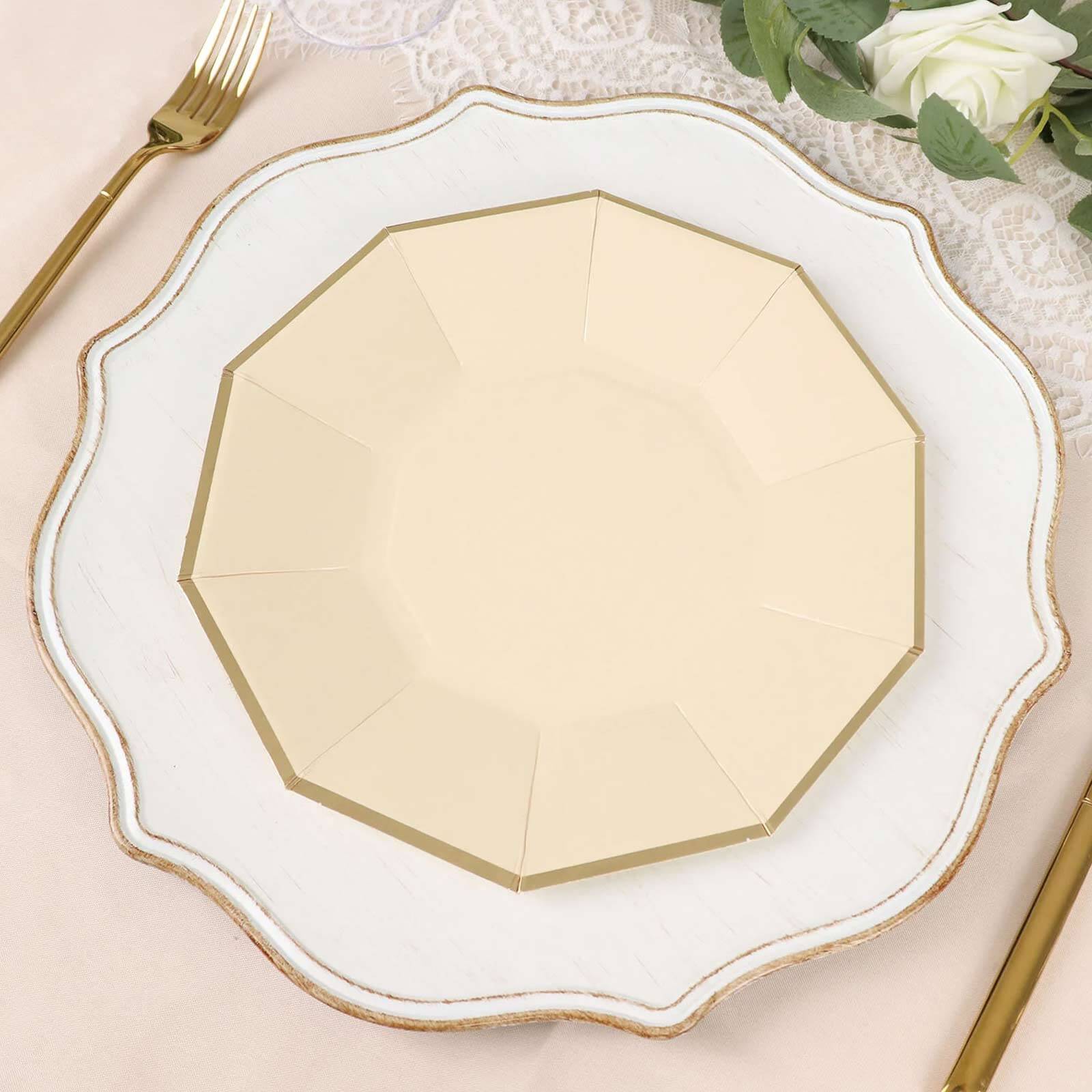 25-Pack Paper 9" Decagon Dinner Plates in Beige with Gold Foil Rim - Disposable Geometric Party Plates for Modern Weddings & Events