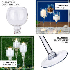 Set of 3 Glass Globe Vases Long Stem Clear - Stylish Candle Holder Floral Centerpieces 12", 14", 16"