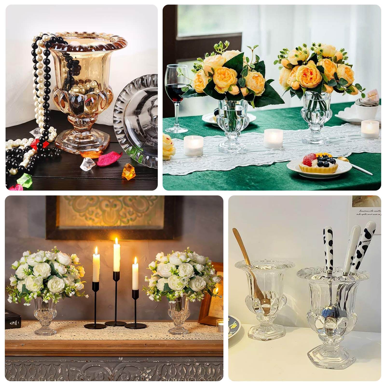 2-Pack Glass Mini Pedestal Flower Vases in Classic Roman Urn Style Amber Gold - Sophisticated Wedding Table Centerpieces 6"