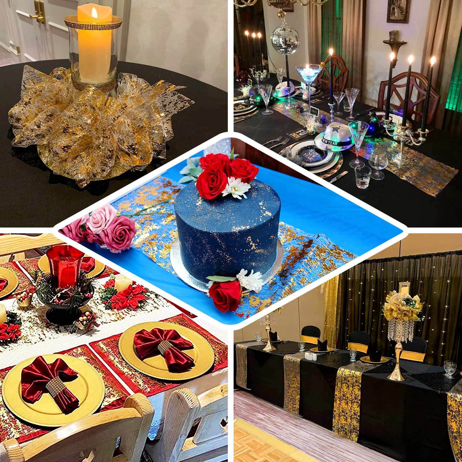 Mesh Polyester 108" Table Runner Roll Metallic Gold Distressed Foil Printing Design - Disposable Stylish Party Table Decor