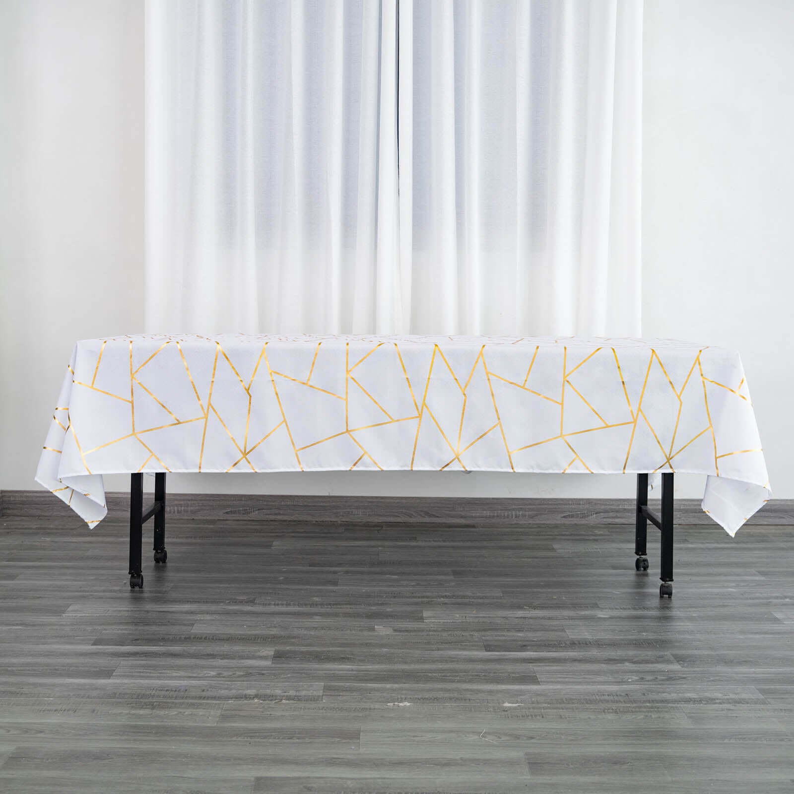 Polyester 60"x102" Rectangle Tablecloth White with Gold Foil Geometric Pattern - Wrinkle-Resistant and Durable Table Cover for Weddings & Events