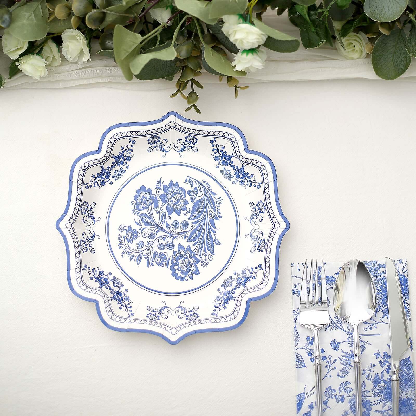 25-Pack Paper Dessert Plates in White with Light Blue Damask Floral Print & Scallop Rim - Stylish Disposable 300GSM Floral Salad Appetizer Plates 8"