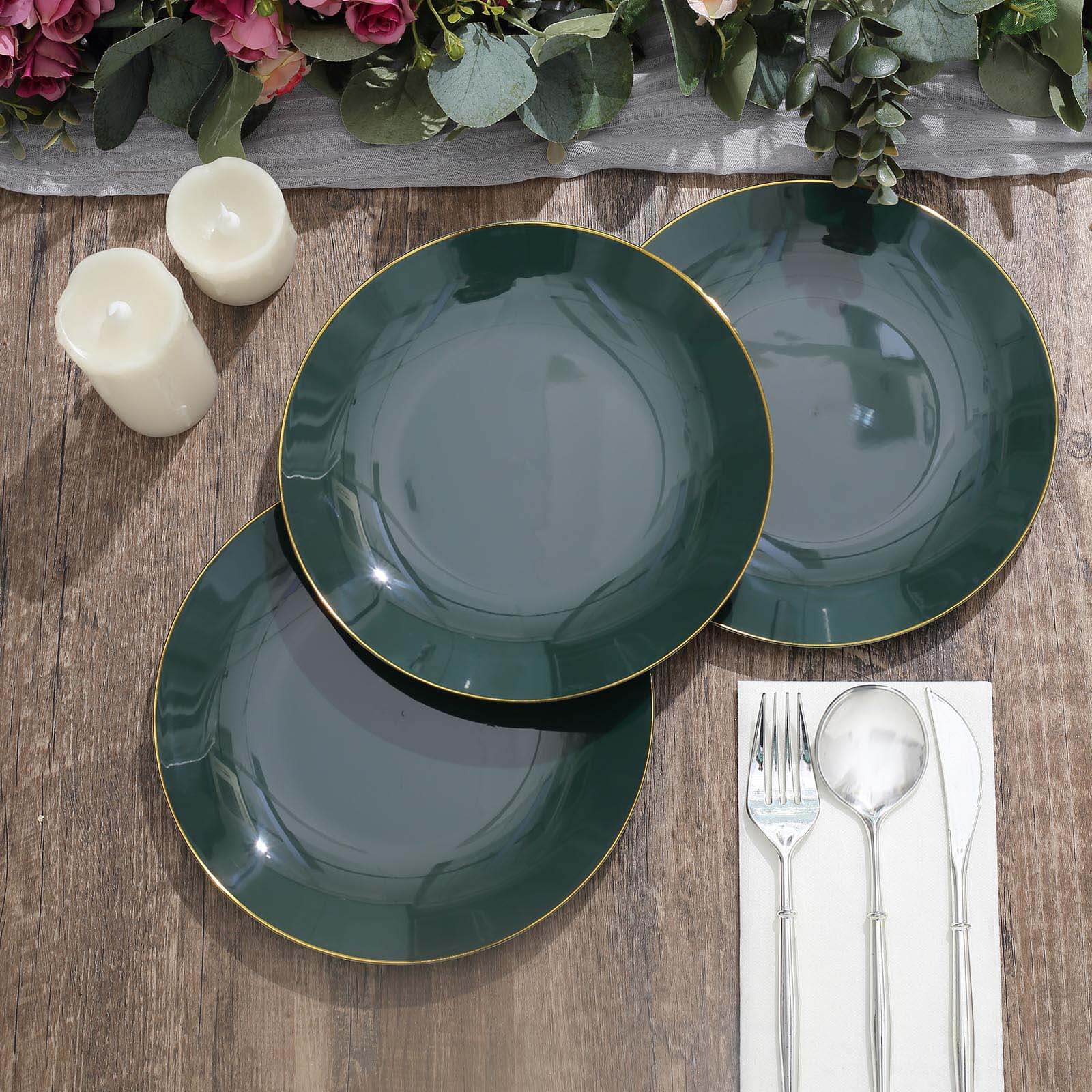 10-Pack Plastic 8" Round Dessert Plates in Hunter Emerald Green with Gold Rim - Glossy Disposable Appetizer Salad Plates