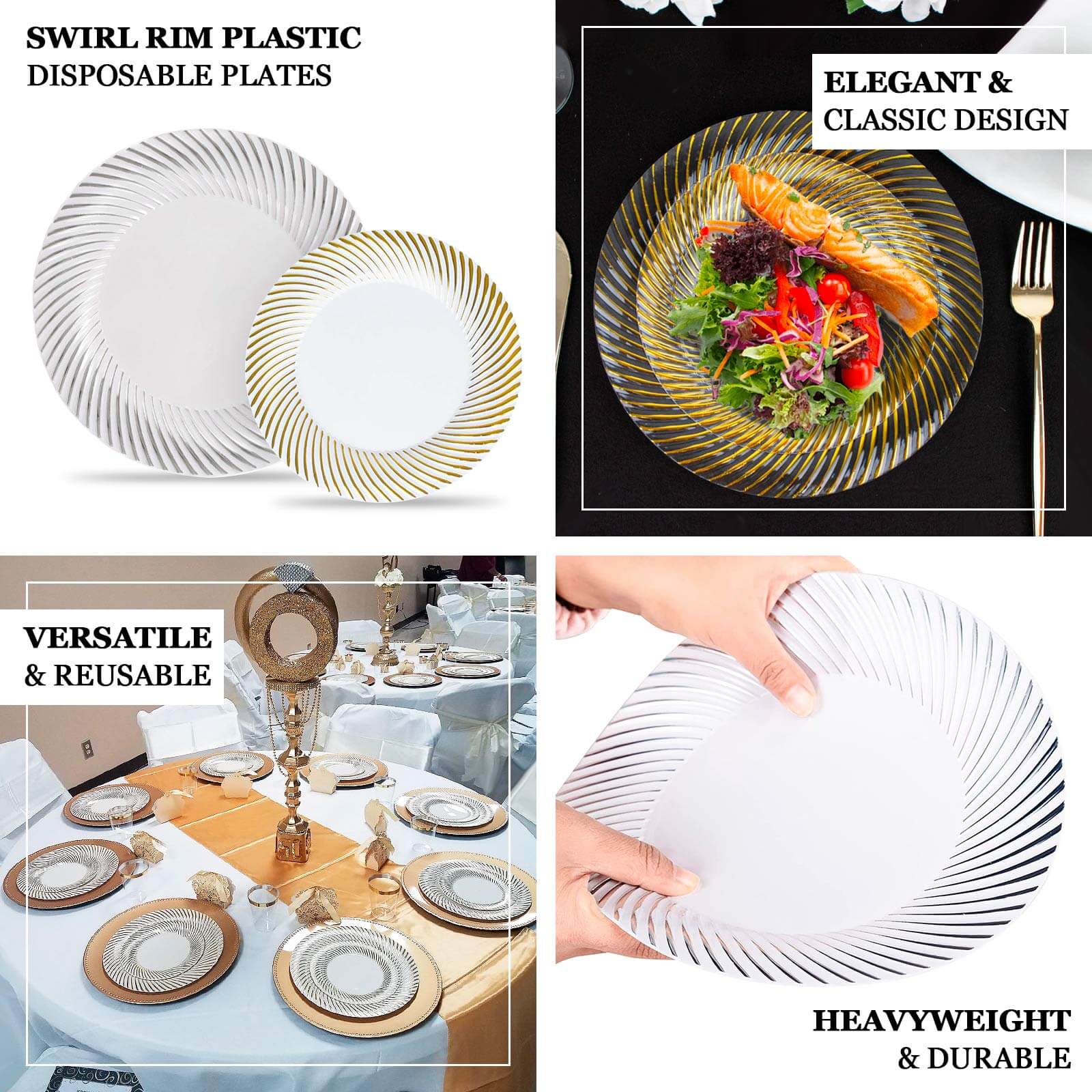 10-Pack Plastic 9" Round Dinner Plates White with Gold Swirl Rim - Disposable Party Plates